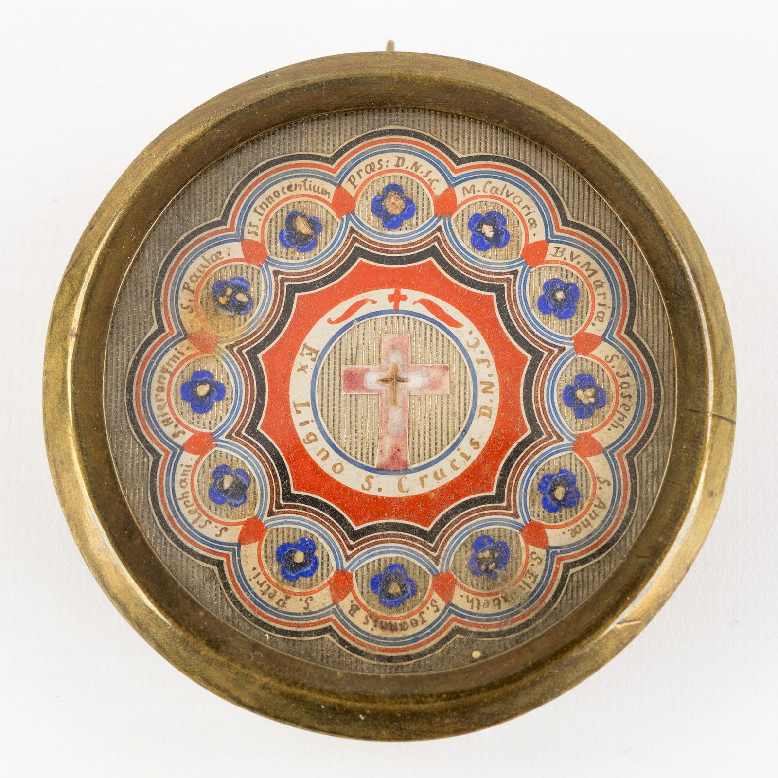 A Sealed Multi-Theca, with 13 Relics for the True Cross, the Holy Family, Apostles, and Saints. (1 of 2)