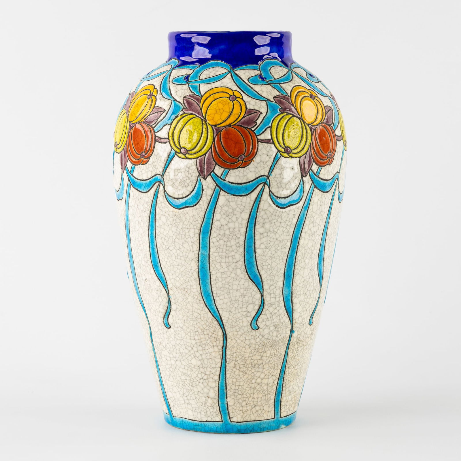 Charles Catteau (1880-1966) 'Vase', for Boch La Louviere.: Charles Catteau (1880-1966) 'Vase', for Boch La Louviere. Polychrome decoration with stylized pumpkin-like fruits, leaves, twigs, and garlands.Decoration 745. Model 267.Marked Boch La Louvière.