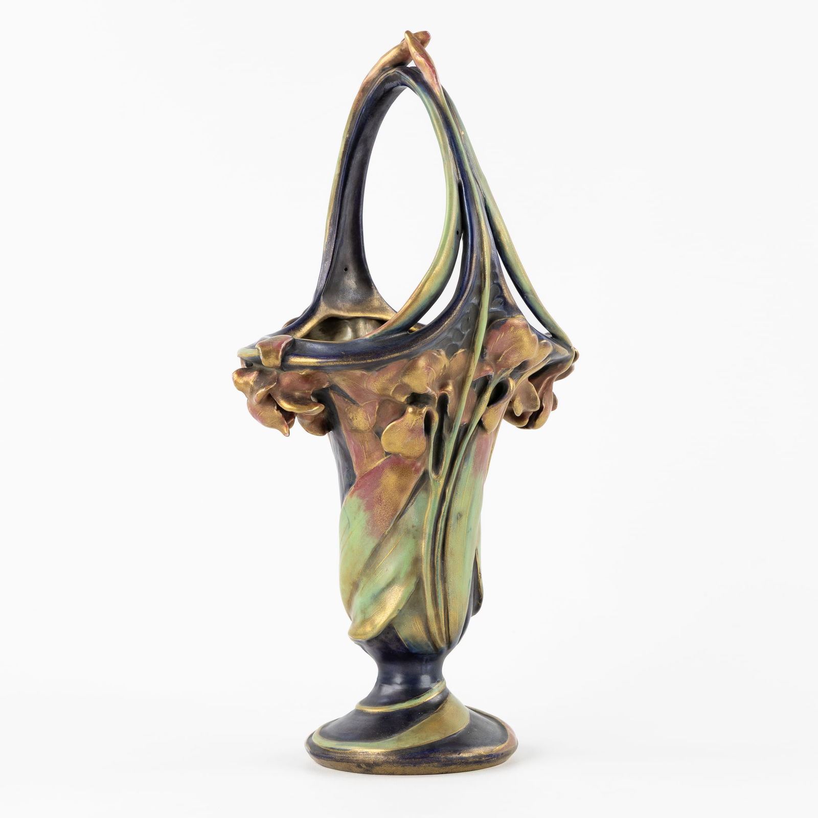 Amphora, 'Vase with Irises', Polychrome Glazed Ceramics, Turn-Teplitz, Austria, Art Nouveau, circa: Amphora, 'Vase with Irises', Polychrome Glazed Ceramics, Turn-Teplitz, Austria, Art Nouveau, circa 1900. Polychrome glazed ceramics.A vase decorated with irises.Marked 'Amphora' on the bottom and nu