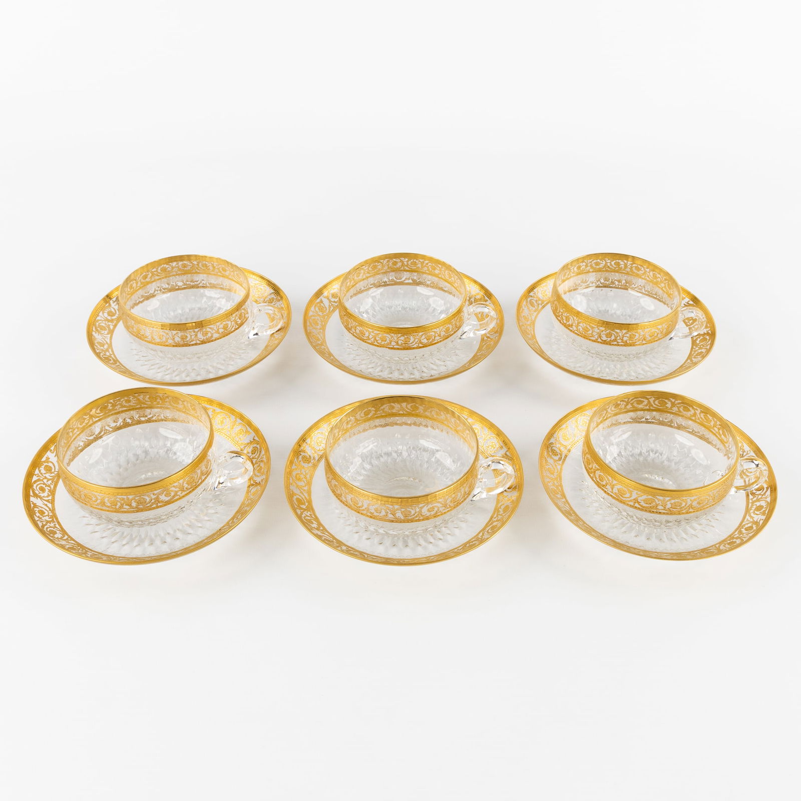 Saint Louis, 'Thistle Gold', 6 coffee/tea cups with saucers, engraved decorations and etched gold (1 of 4)