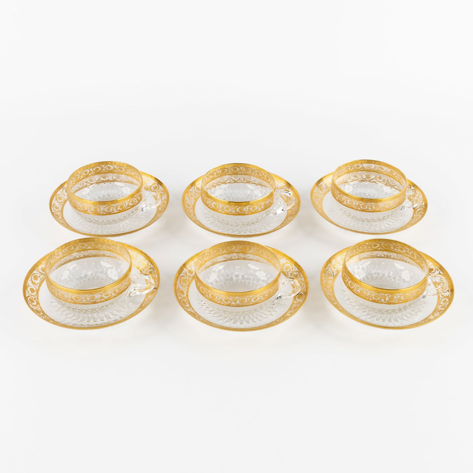 Saint Louis, 'Thistle Gold', 6 coffee/tea cups with saucers, engraved decorations and etched gold (1 of 5)