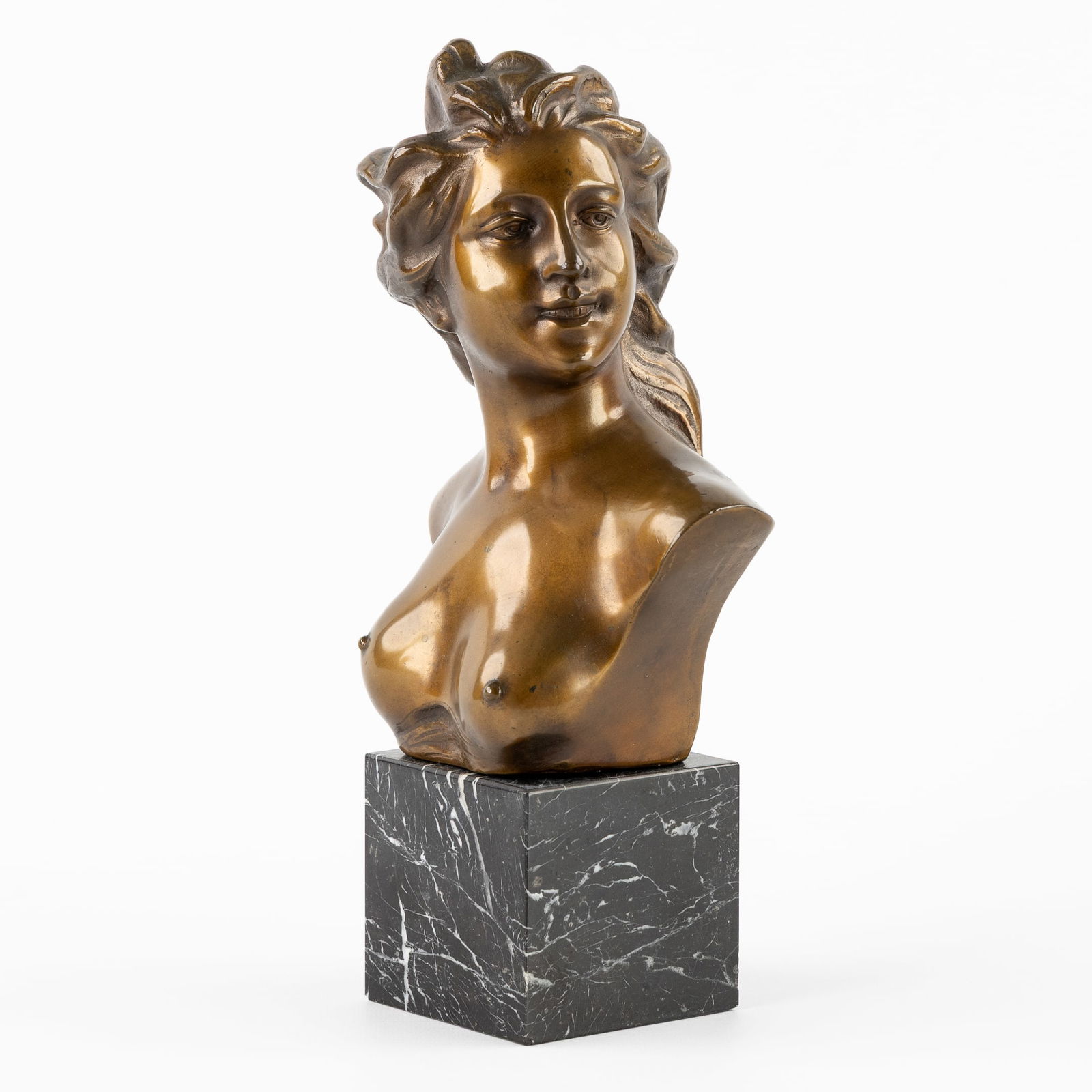 Jef Lambeaux (1852-1908) 'Bust of a Young Lady', Patinated Bronze.: Jef Lambeaux (1852-1908) 'Bust of a Young Lady', Patinated Bronze. Patinated bronze.Signed 'Jef LAMBEAUX'.Mounted on a marble base. Height including base: 30 cm.