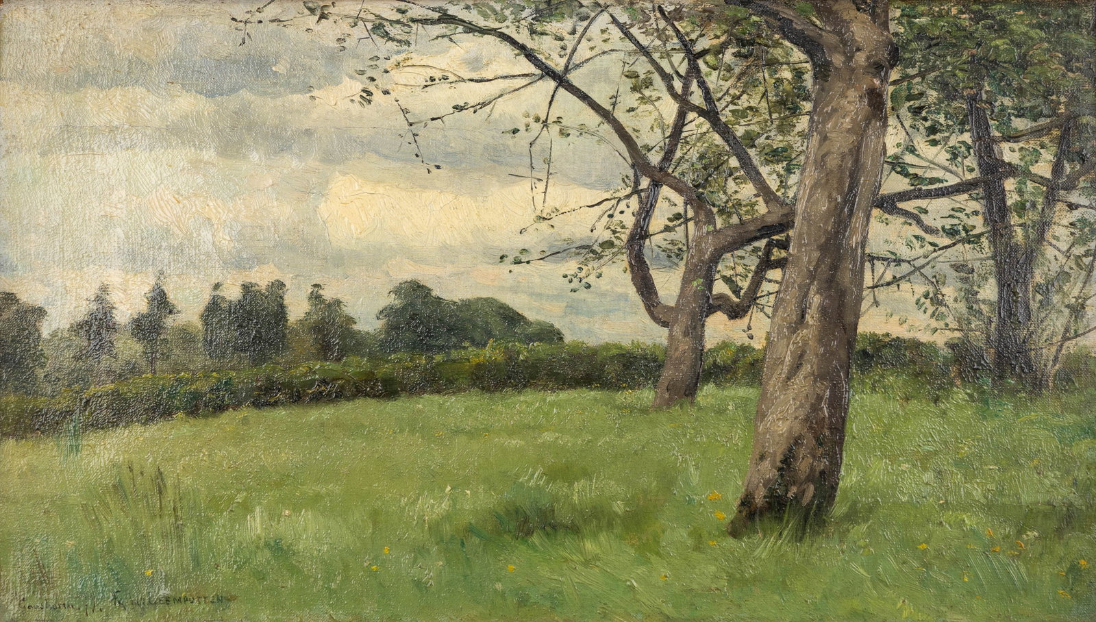 Frans Van Leemputten (1850-1914) 'Verger a Ganshoren', oil on canvas (1879): Frans Van Leemputten (1850-1914) 'Verger a Ganshoren', oil on canvas (1879) (Orchard in Ganshoren)Oil on canvas.Signed, dated, and located lower left.Titled and dated on the back. <