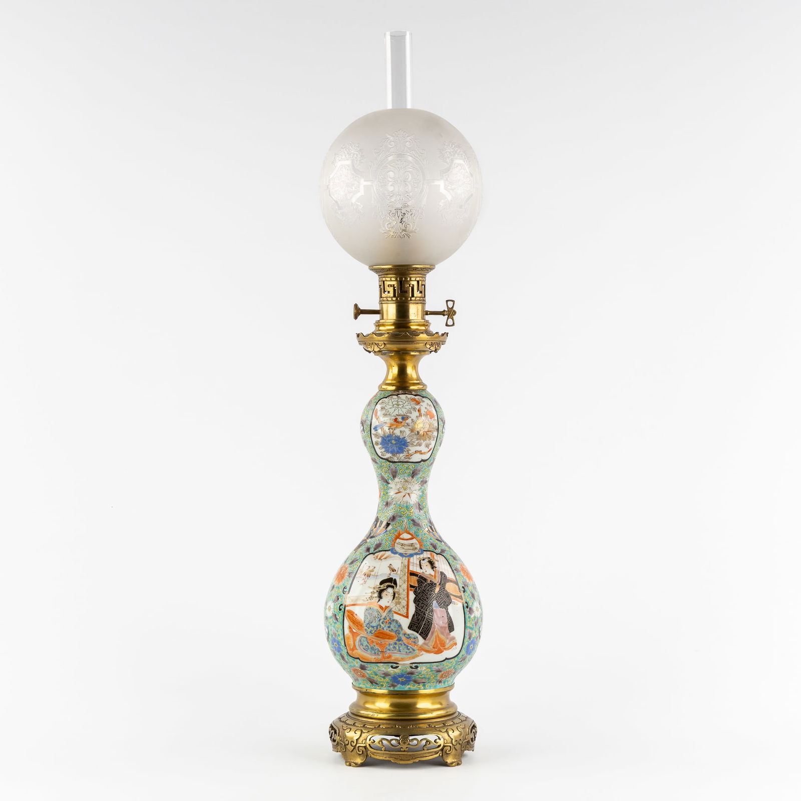 An Antique Double Gourd Oil Lamp, Japanese Imari Porcelain mounted with Gilded Bronze, 19th century. (1 of 11)