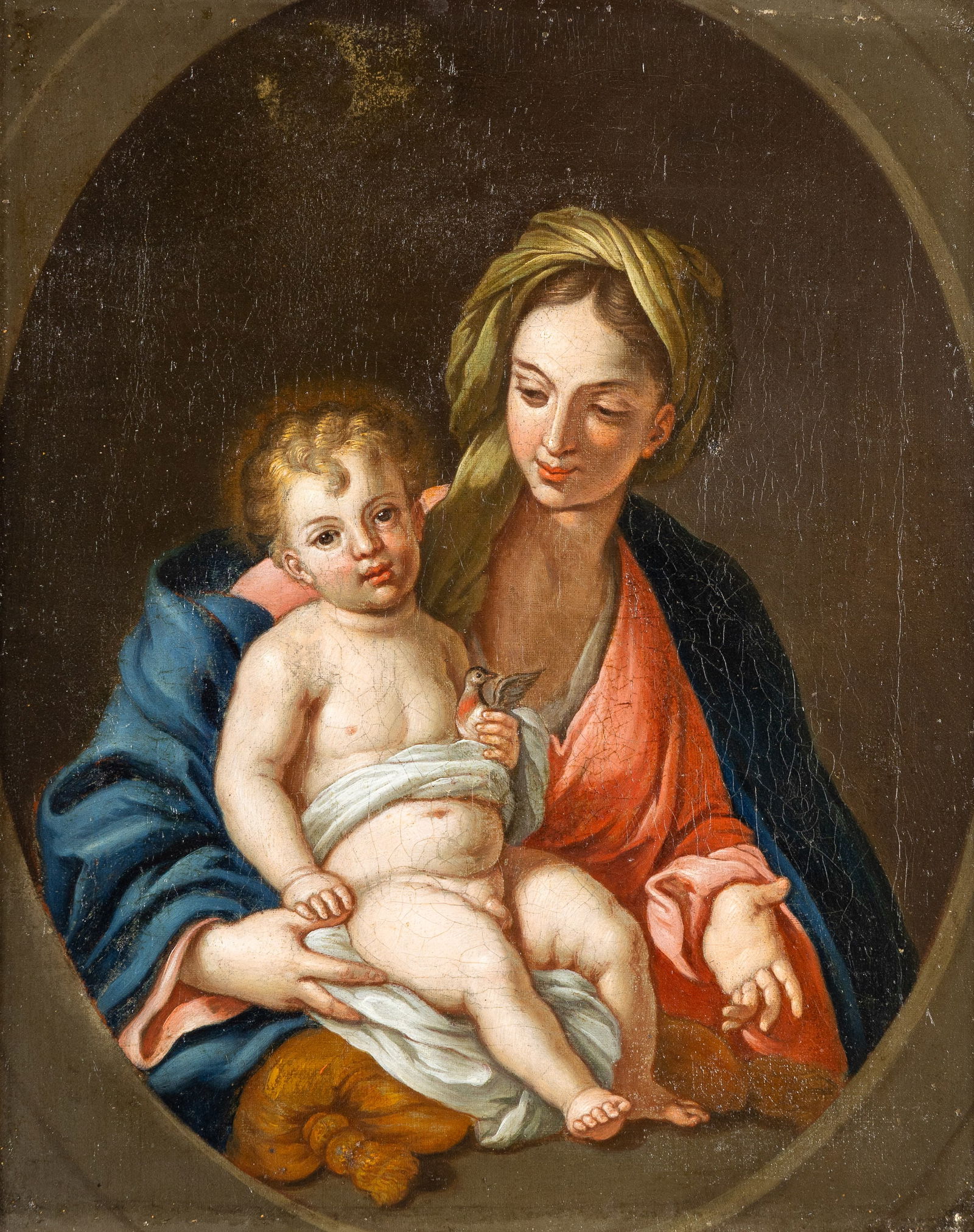 Italian School, An Antique Painting, 'Madonna and Child and Bird', oil on canvas. 18th C. (1 of 4)