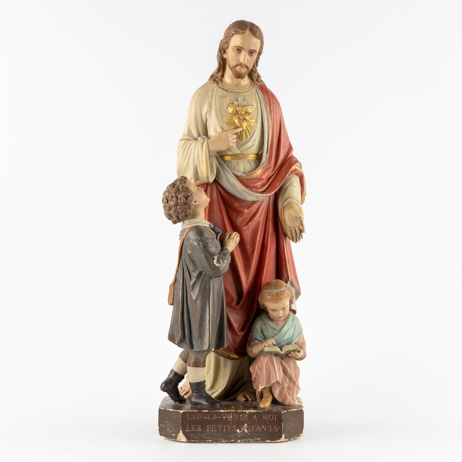 'Laissez Venir A Moi Les Petits Enfants', a Patinated Plaster Statue of Christ with Sacred Heart. (1 of 11)