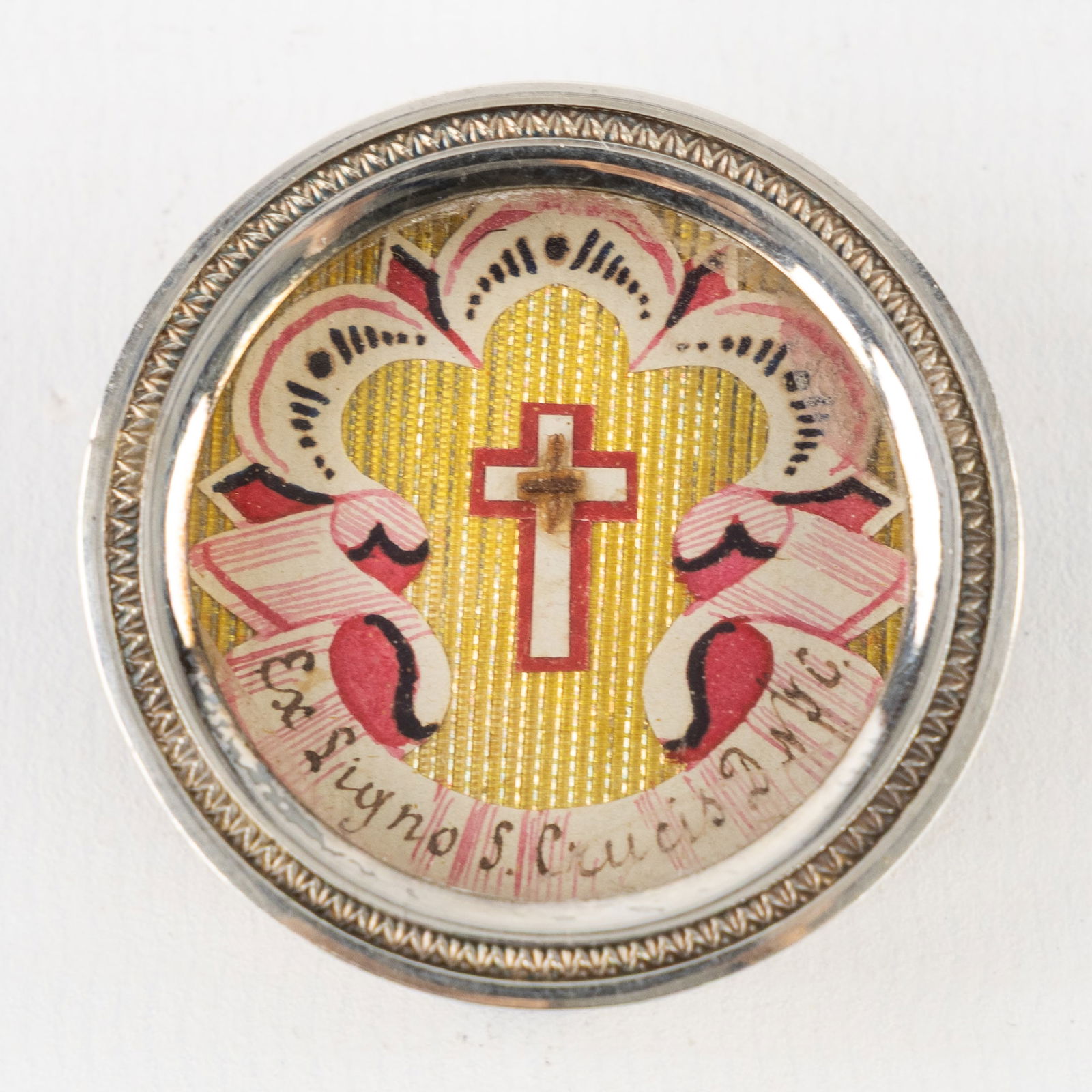 A sealed theca with a relic of the True Cross of Our Lord Jesus Christ,  De Ligno SS Cruxis DNJC. (1 of 2)