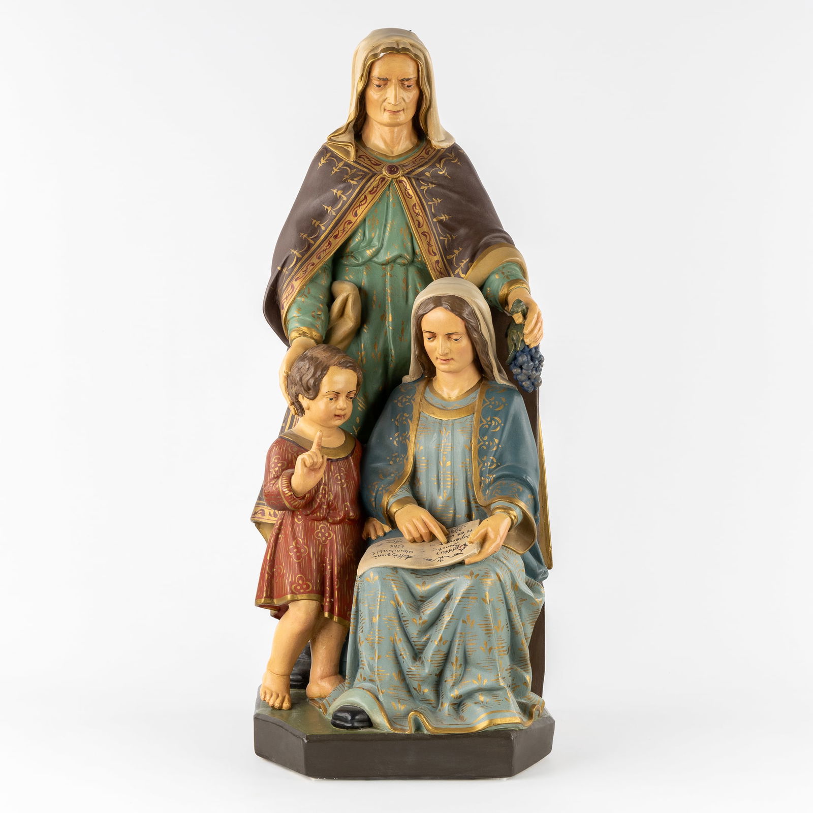 Saint Anne with the Virgin and Child, a polychrome patinated plaster statue. Gothic Revival. (1 of 9)