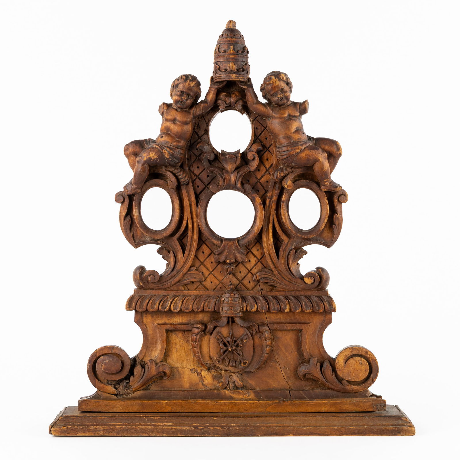 A Wood-Sculptured Reliquary Shrine, decorated with Putti, a Papal Crown and Heraldry, Baroque style. (1 of 11)