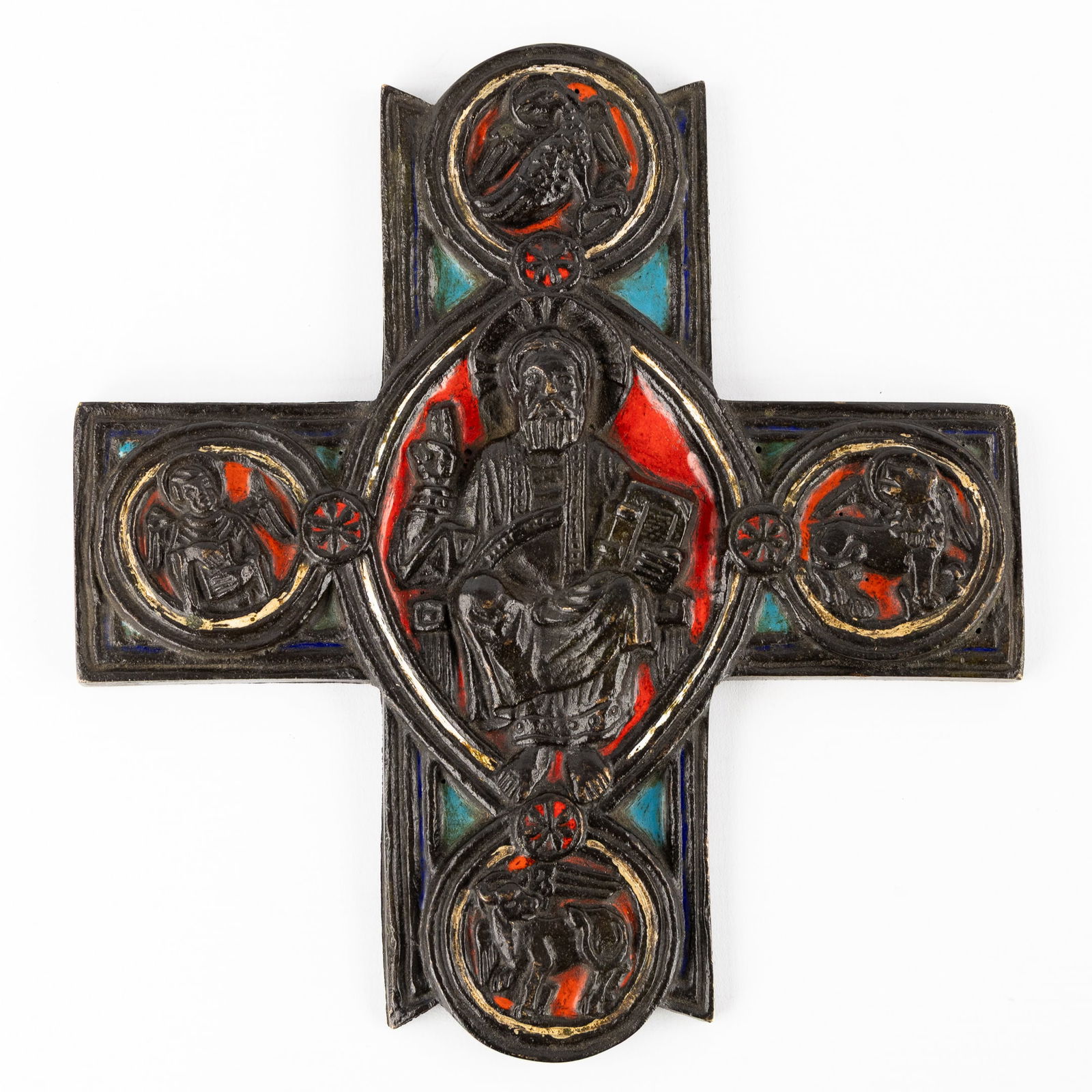 A Bronze Crucifix, Decorated with Christ Pantocrator and the Four Evangelists, patinated bronze and (1 of 6)