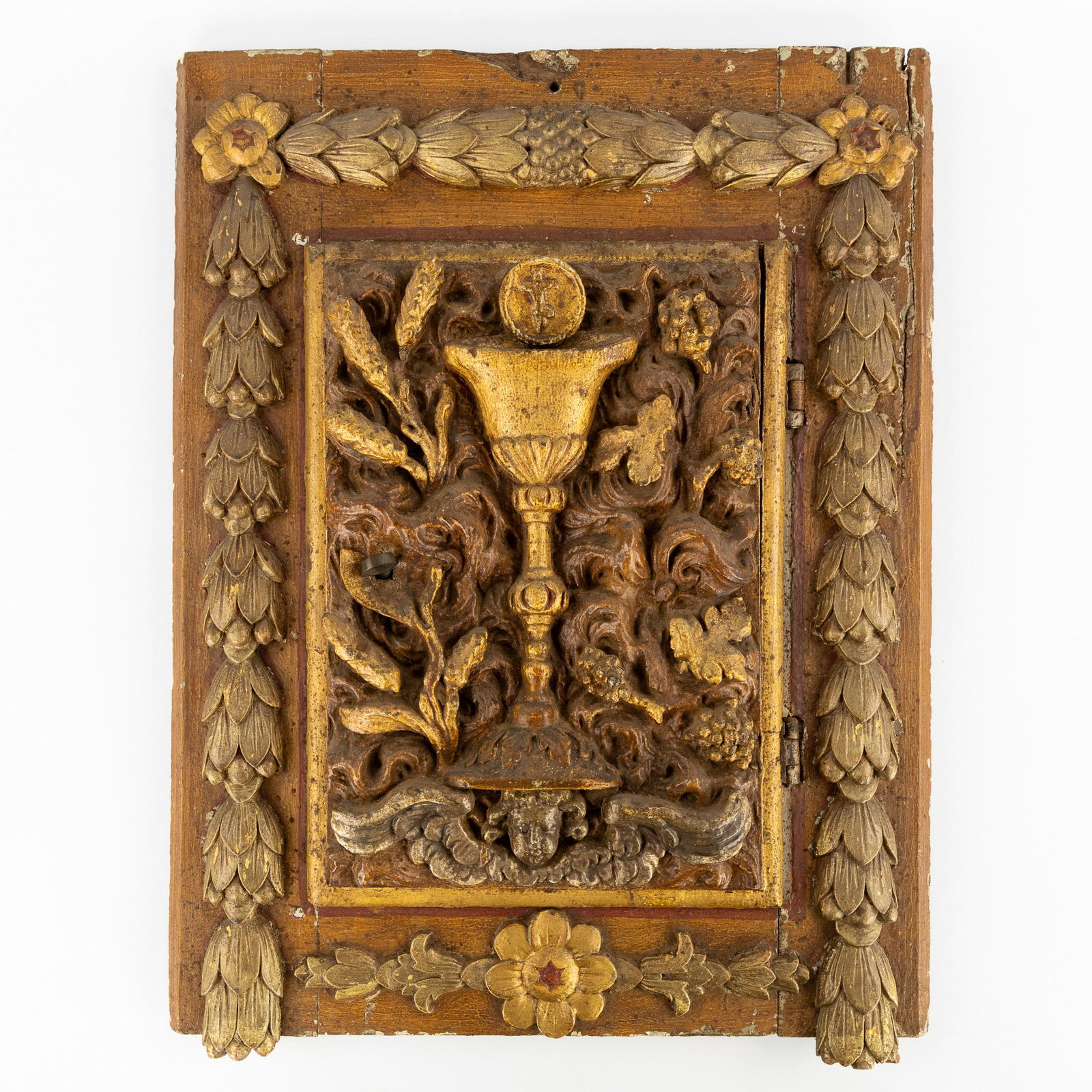 An Antique Tabernacle Door, Sculptured Chalice and Angel's Head, Gilded and Patinated Wood, Baroque. (1 of 6)