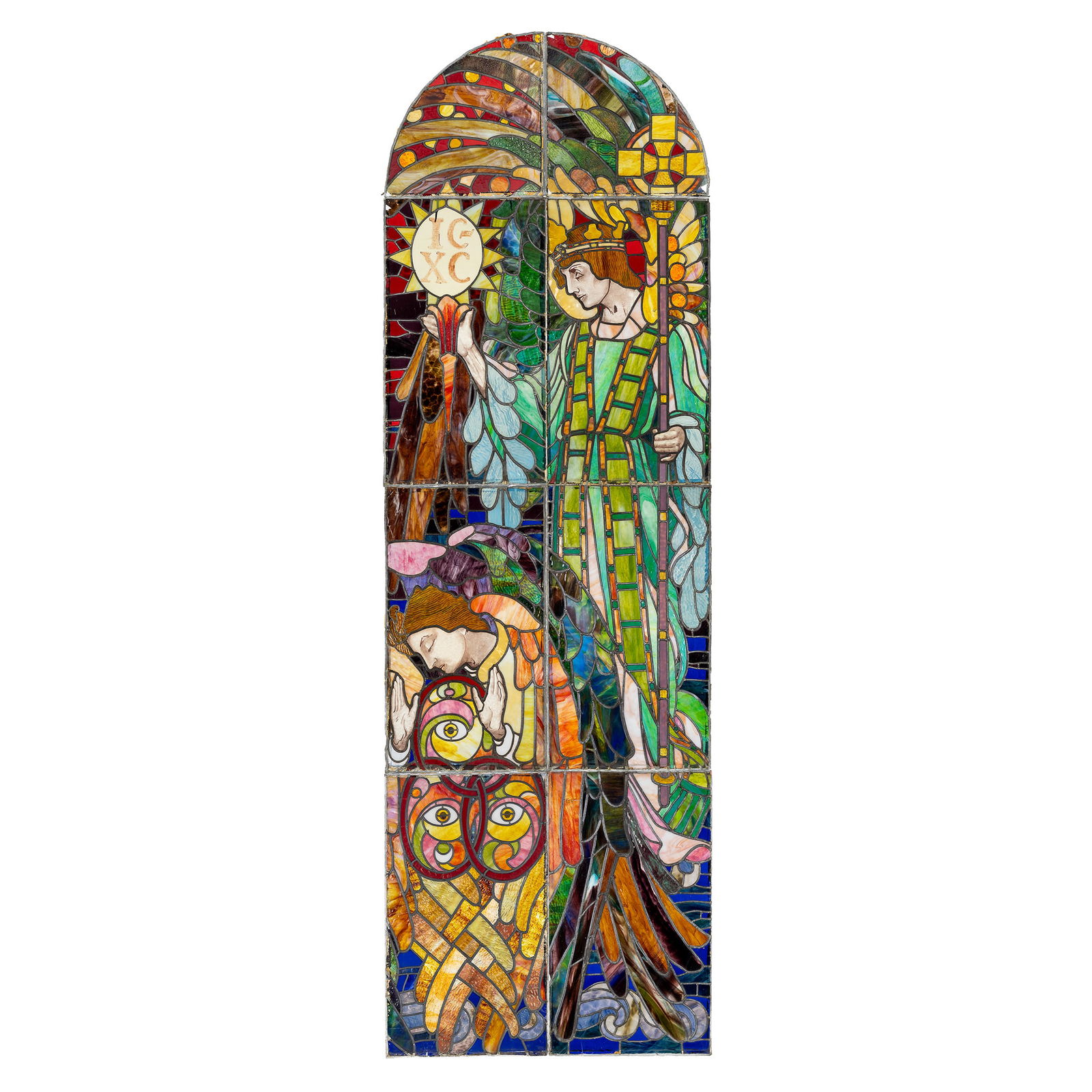 A Large Stained-Glass Window, probably depicting Archangel Gabriel, Art Nouveau, circa 1900.: A Large Stained-Glass Window, probably depicting Archangel Gabriel, Art Nouveau, circa 1900. Stained glass.Depicting a saint with a staff and torch and a kneeling angel with three intertwined rings, p