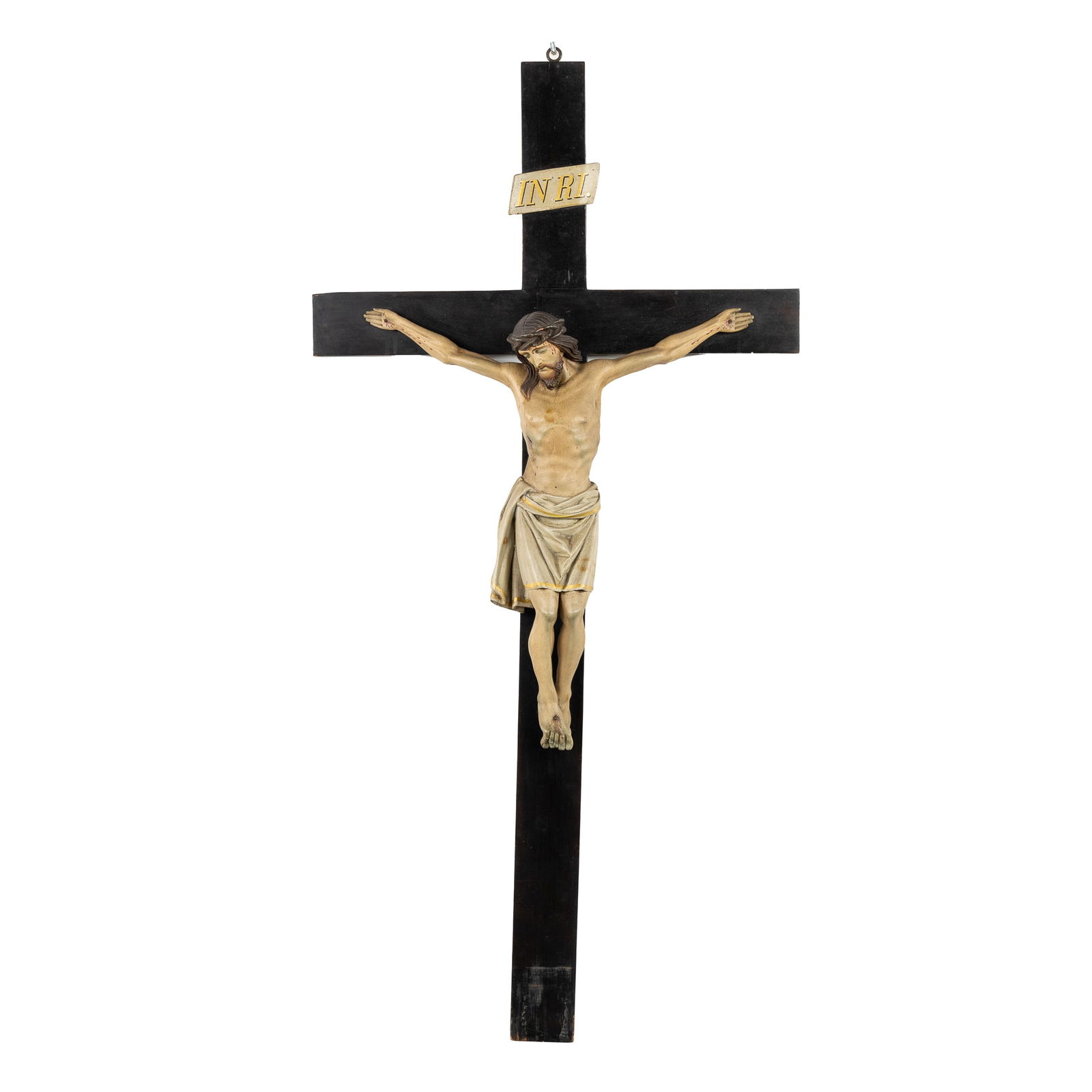 A Large Crucifix with a Corpus Christi, Sculptured and Polychrome Patinated Wood. Gothic Revival. (1 of 5)