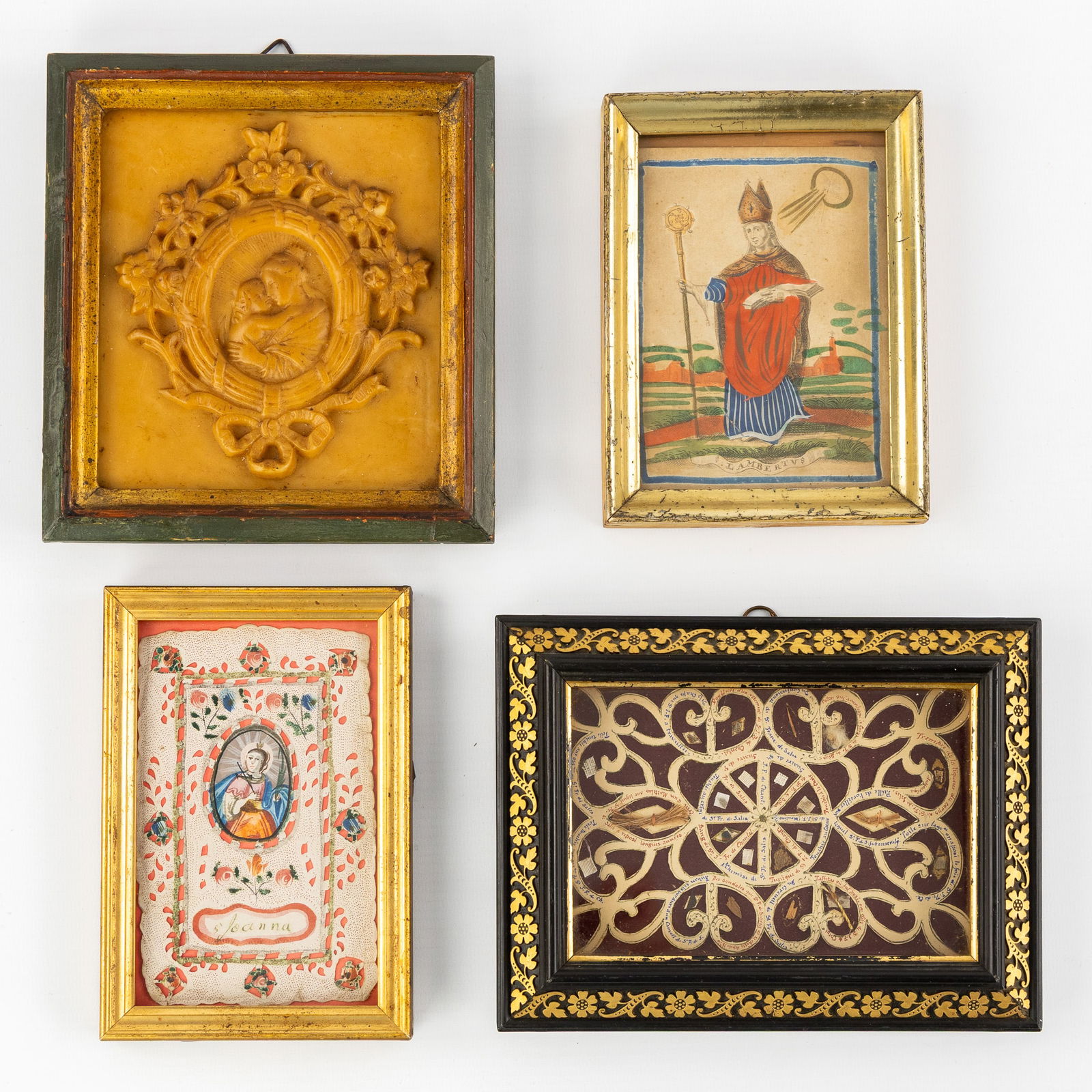 Four Reliquary Frames with Relics for Saints, a Wax Seal, and Antique 'Santjes' or Prayer Cards. (1 of 6)