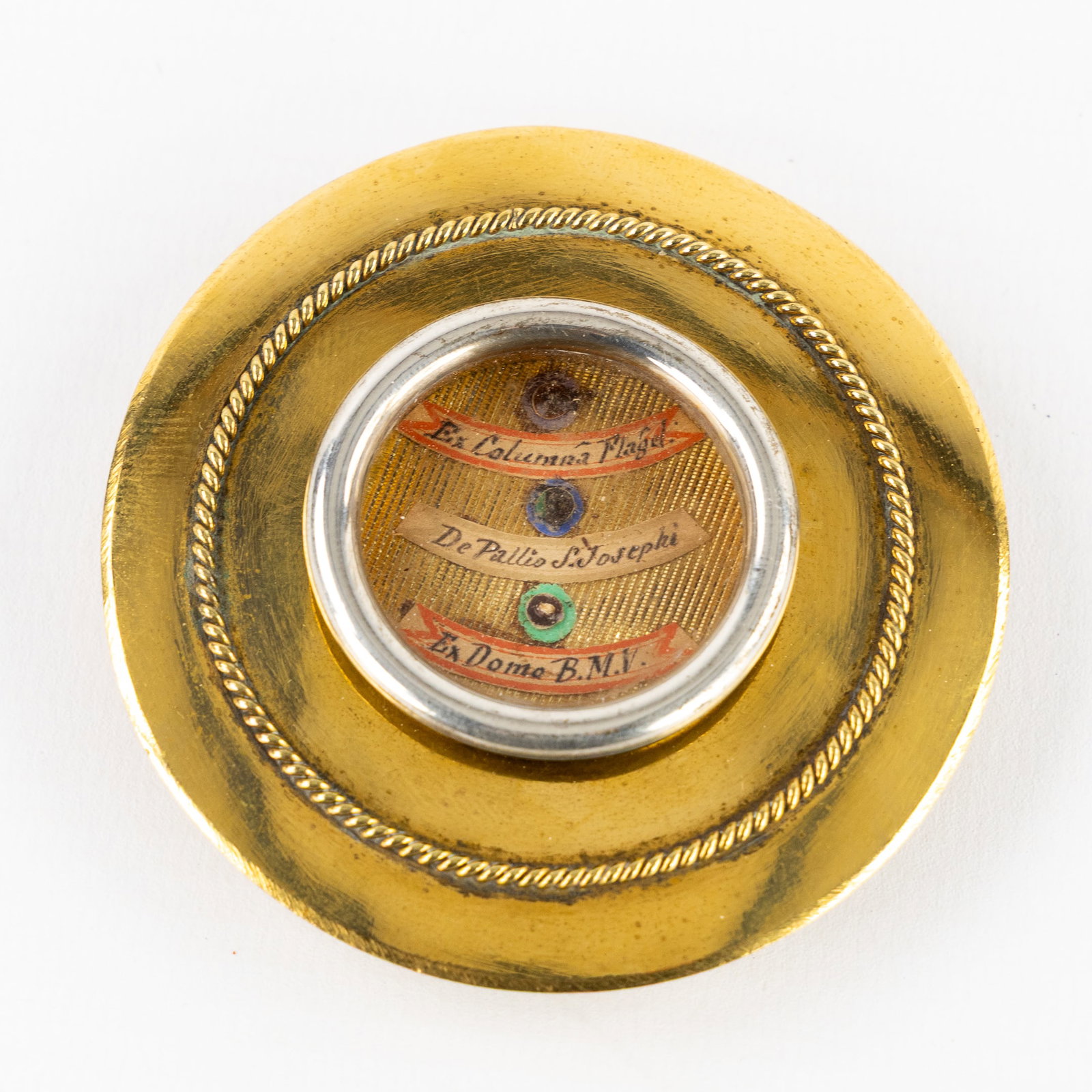 A Sealed Theca with Relics for the Blessed Virgin Mary, Saint Joseph and the Column of Flagellation.: A Sealed Theca with Relics for the Blessed Virgin Mary, Saint Joseph and the Column of Flagellation. Relics for: From the Column of Flagellation (Ex Columna Flagel.) From the Pallium or Woolen Cloak o