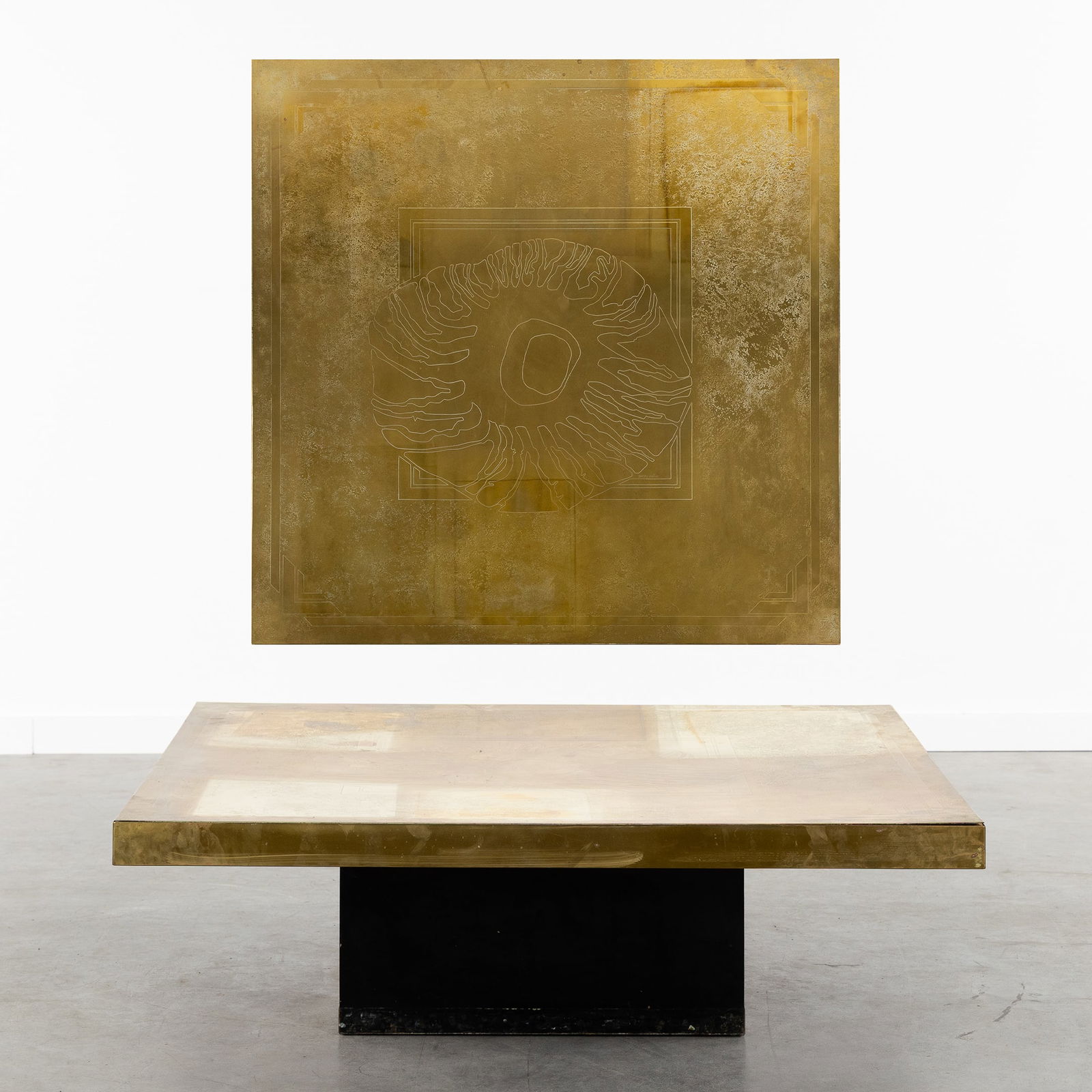 Georges Mathias (XX-XXI) A Coffee Table, Engraved and Etched Brass, circa 1970.: Georges Mathias (XX-XXI) A Coffee Table, Engraved and Etched Brass, circa 1970. Etched and engraved brass, lacquered wood.Signed 'Georges Mathias'.Circa 1970.
