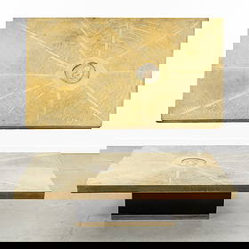 Georges Mathias (XX-XXI) A Coffee Table with Agate Stone, Engraved and Etched Brass, circa 1970.: Georges Mathias (XX-XXI) A Coffee Table with Agate Stone, Engraved and Etched Brass, circa 1970. Etched and engraved brass, lacquered wood.With inlaid agate stone.Signed 'Georges Mathias'. Circa 1970.