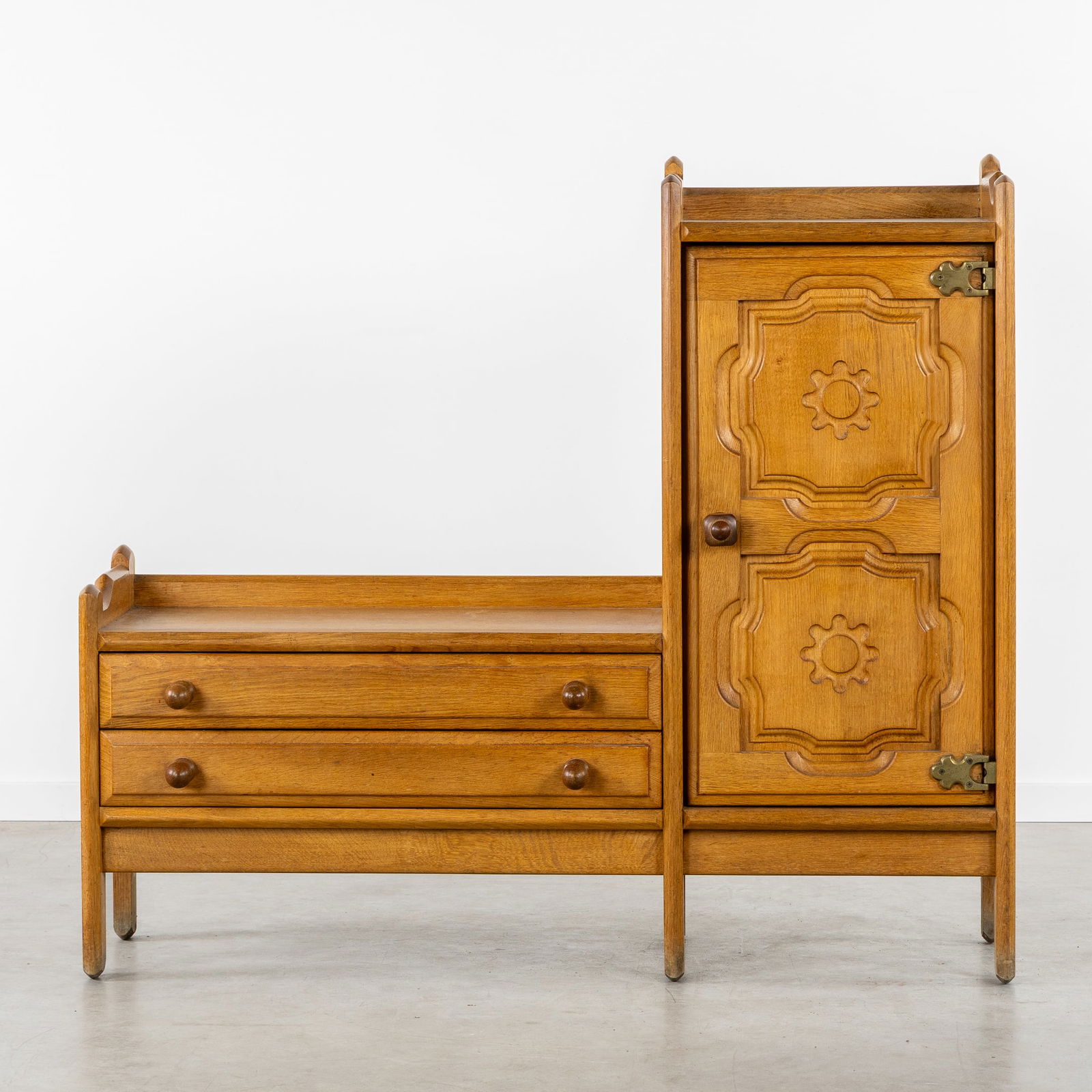 Robert Guillerme and Jacques Chambron (XX) An Oak Hall Cabinet. Lille, France, circa 1960.: Robert Guillerme and Jacques Chambron (XX) An Oak Hall Cabinet. Lille, France, circa 1960. Oak.Asymmetrical hall cabinet with two drawers and a single-door wardrobe.Guillerme & Chambron, Votre