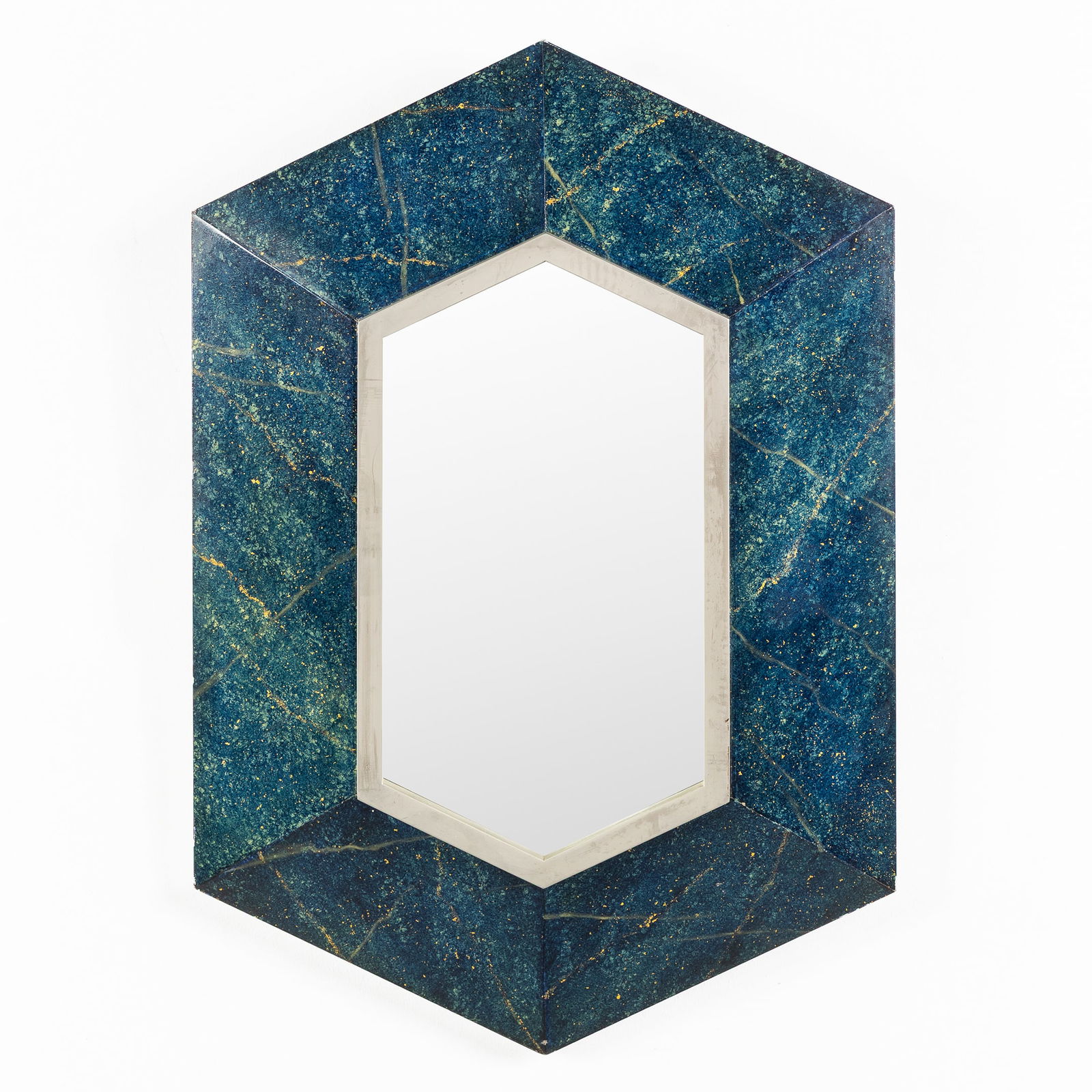 Attributed to Maison Jansen, A Mid-Century Hexagonal Mirror, Faux Marble.: Attributed to Maison Jansen, A Mid-Century Hexagonal Mirror, Faux Marble. Patinated wood, metal, and mirror glass.Hexagonal mirror with faux marble decoration.Attributed to Maison Jansen.
