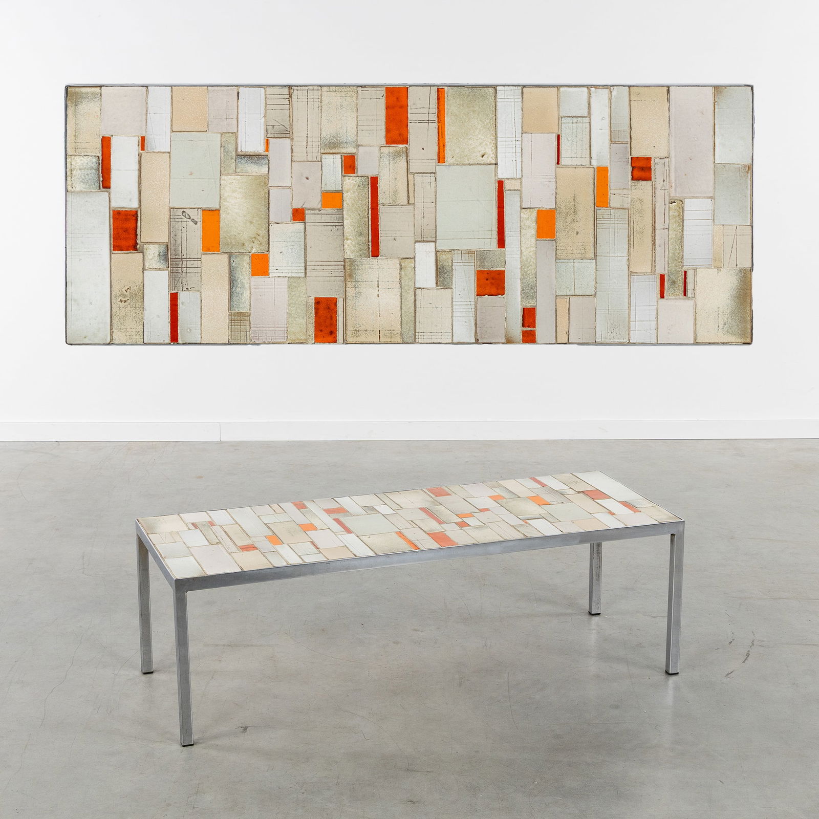 Rogier Vandeweghe (1923-2020) A Coffee Table, glazed ceramics and metal, for Amphora, circa 1965.: Rogier Vandeweghe (1923-2020) A Coffee Table, glazed ceramics and metal, for Amphora, circa 1965. Glazed ceramic tiles and metal.Coffee table with tiles. Literarture: Marc Heiremans, Rogier