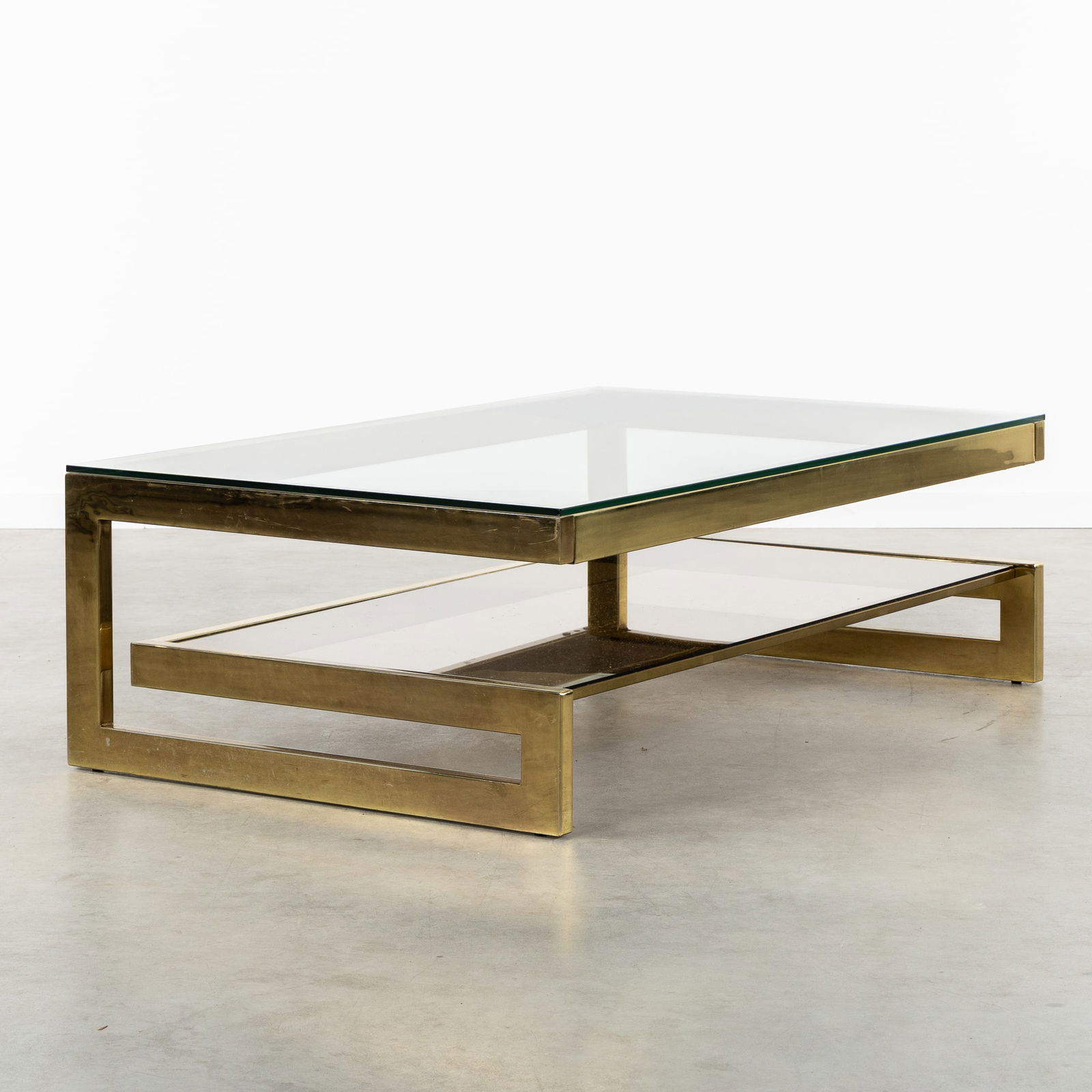 Belgo Chrome, a G-shaped Coffee Table. Gilded Metal and Glass. Circa 1970. (1 of 7)