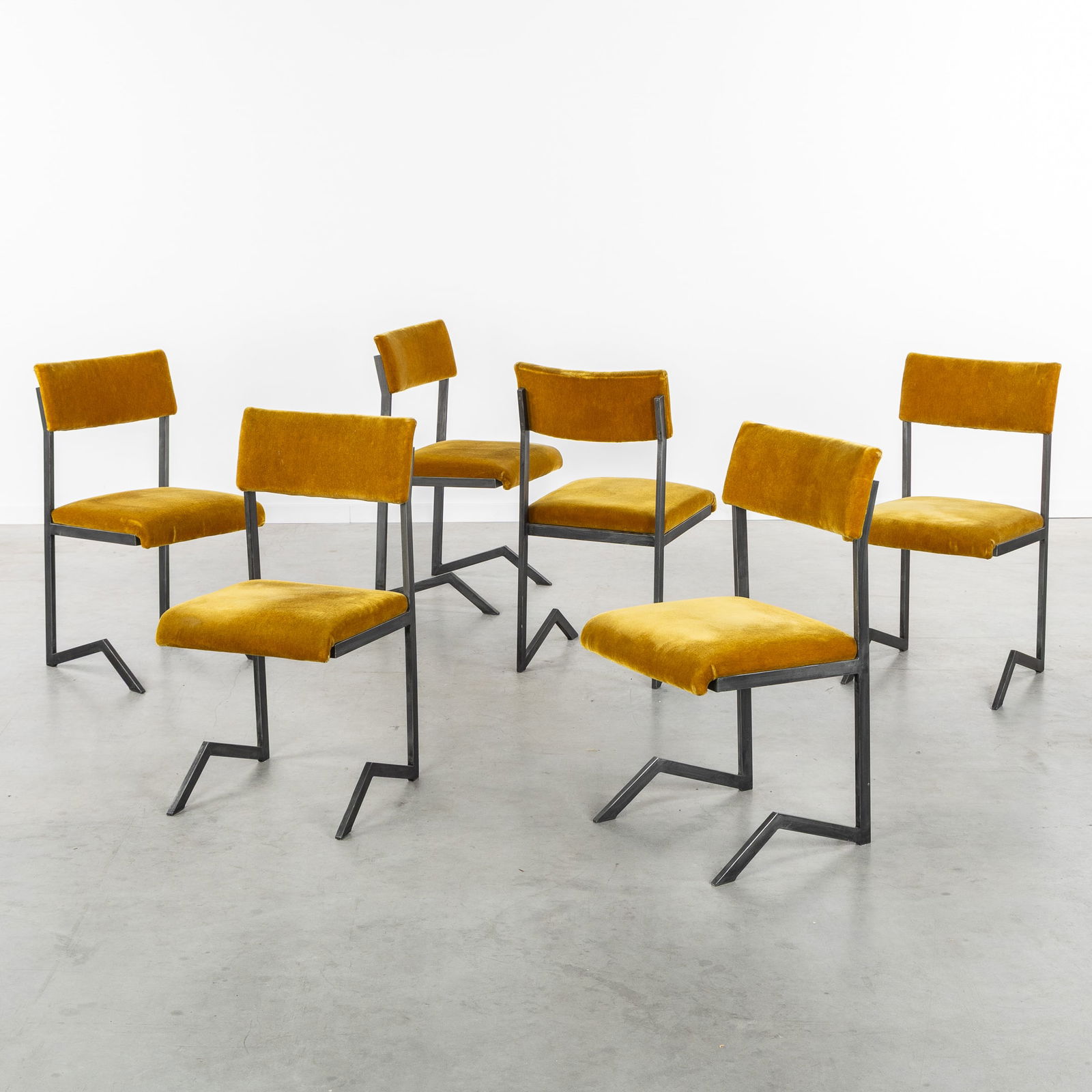 A Set of Six Unique Chairs, Patinated Metal and Velvet. (1 of 5)