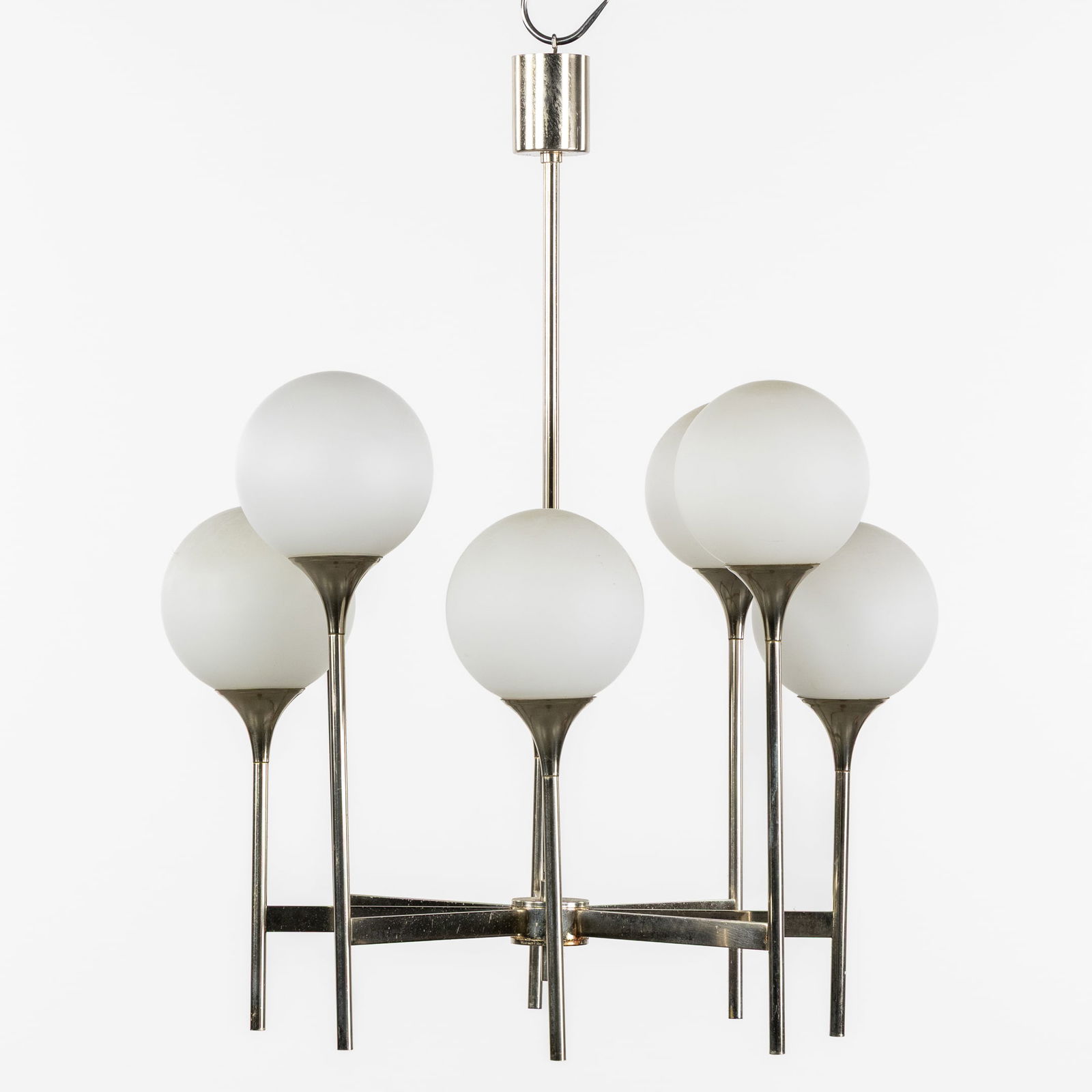 An Eight-Sphere Chandelier, Chrome-plated Metal and Frosted Opaline Glass, in the style of Gaetano (1 of 4)