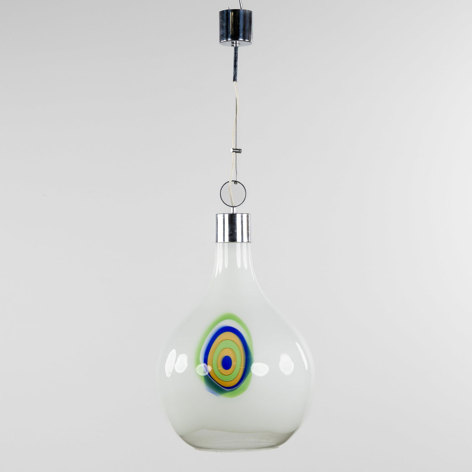 A Pear-shaped Pendant Lamp, Opaline Glass decorated with a Peacock's Eye, Murano, Italy.: A Pear-shaped Pendant Lamp, Opaline Glass decorated with a Peacock's Eye, Murano, Italy. Opaline glass.Decorated in the glass with a multicolored peacock's eye.Probably Murano, Italy. Height including