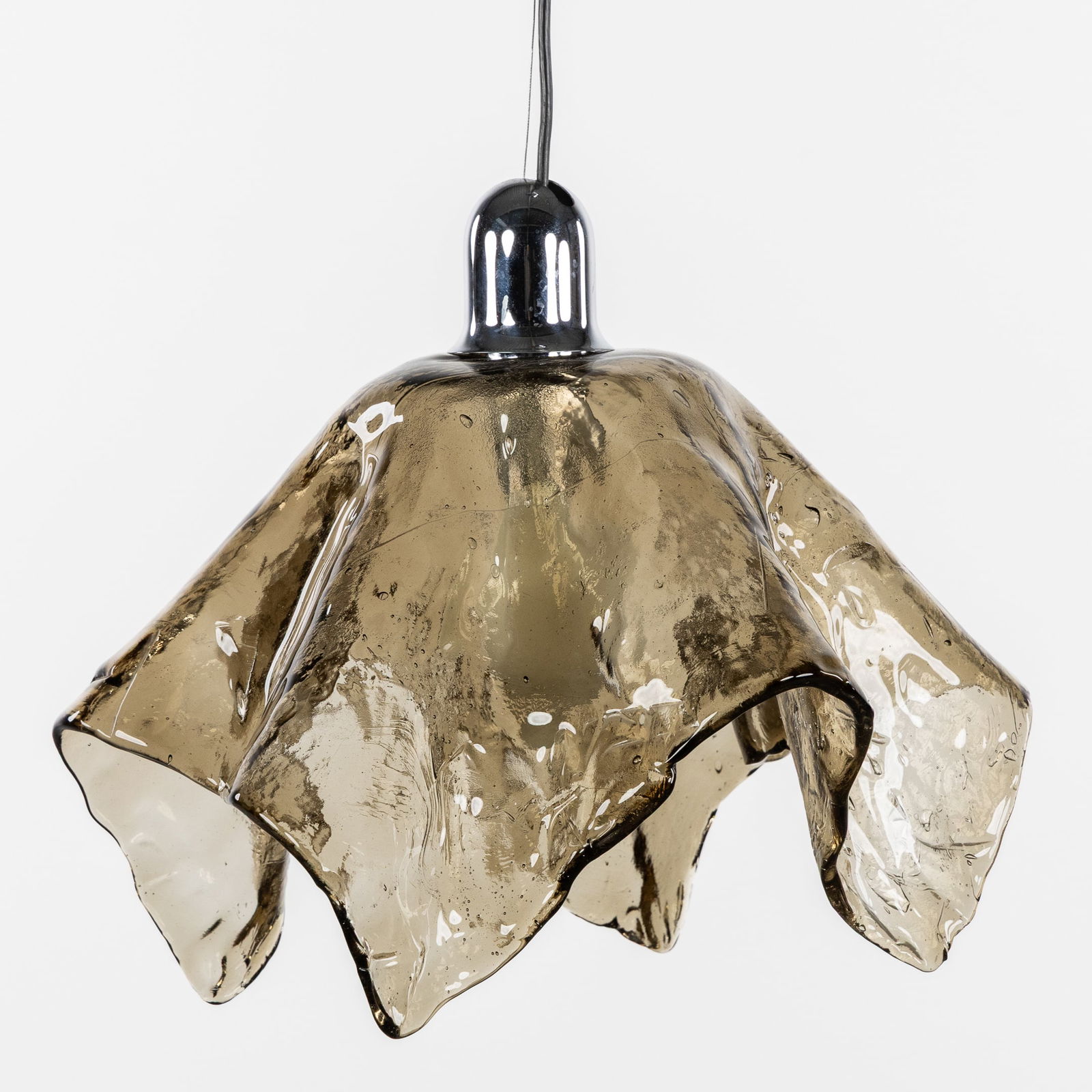A 'Handkerchief' ceiling lamp, Tinted Glass and Chrome-Plated Metal, in the style of Mazzega,: A 'Handkerchief' ceiling lamp, Tinted Glass and Chrome-Plated Metal, in the style of Mazzega, Murano, Italy. Tinted glass and chrome-plated metal.Glass lampshade in the shape of a 'handkerchief or Faz