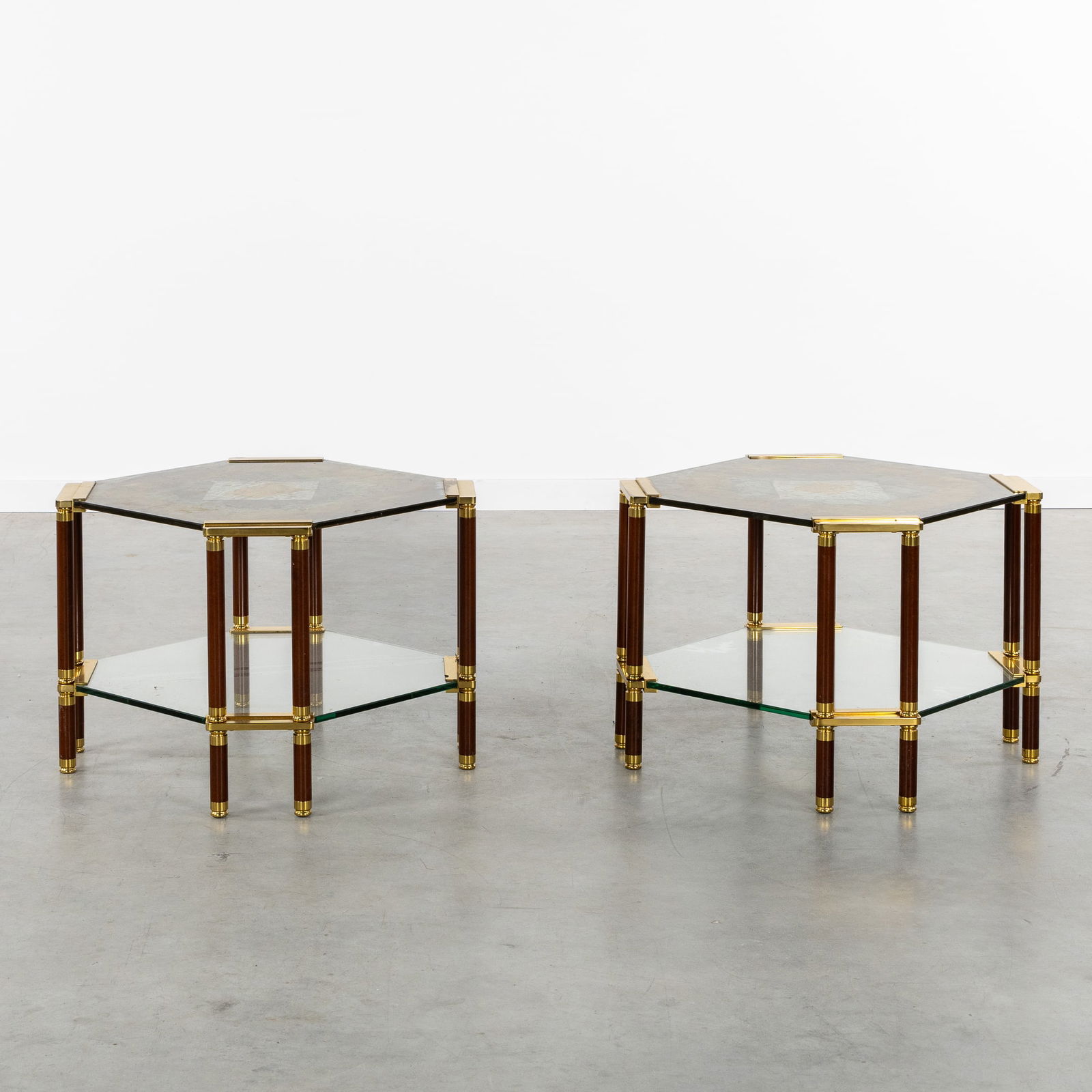 Lucas Meersman (1938) A Pair of Octagonal Side Tables, Glass with Gold Leaf, Gilded Brass, circa (1 of 5)