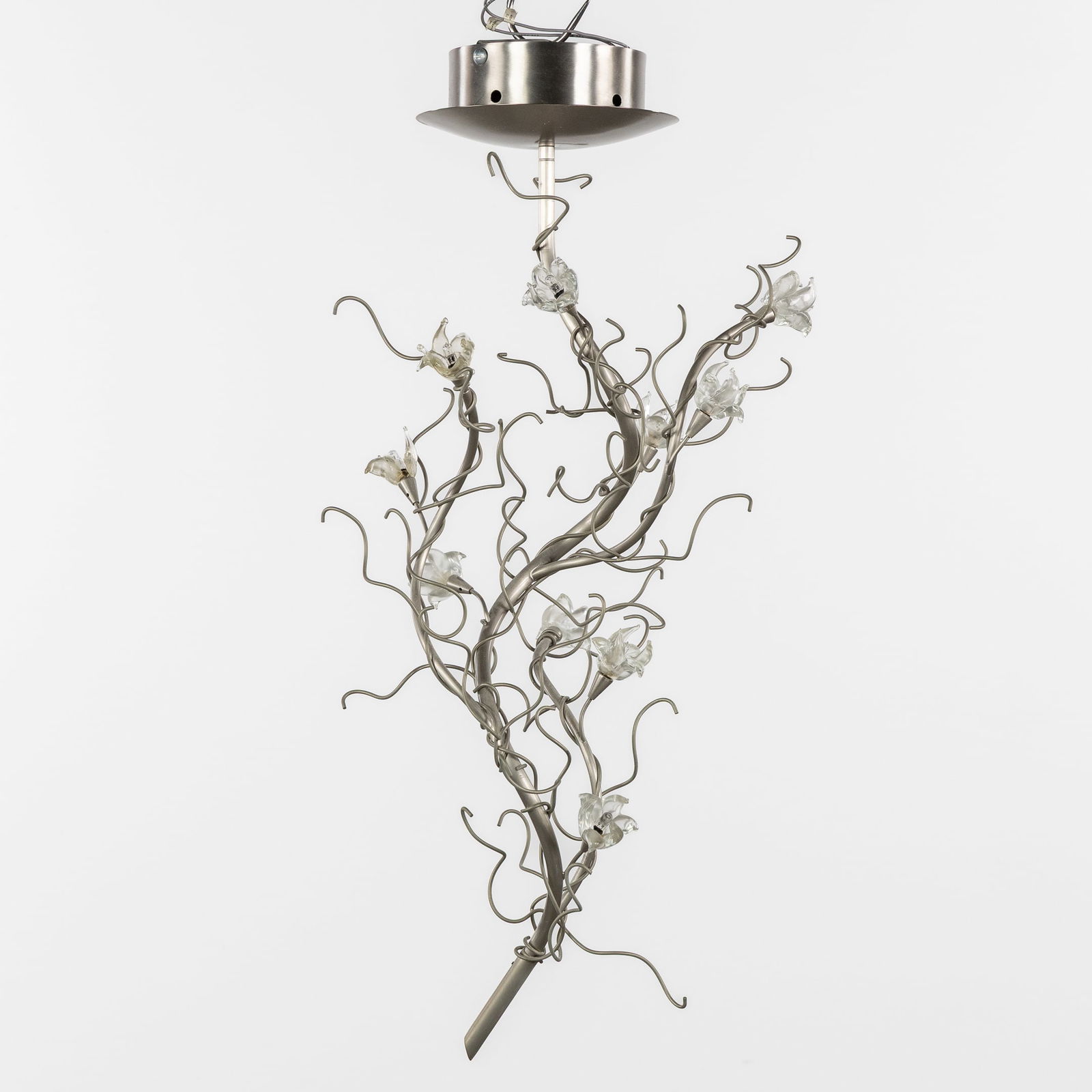 A Ceiling Lamp with Glass Flowers, Patinated metal and Glass, in the style of Brand & Van Egmond. (1 of 4)