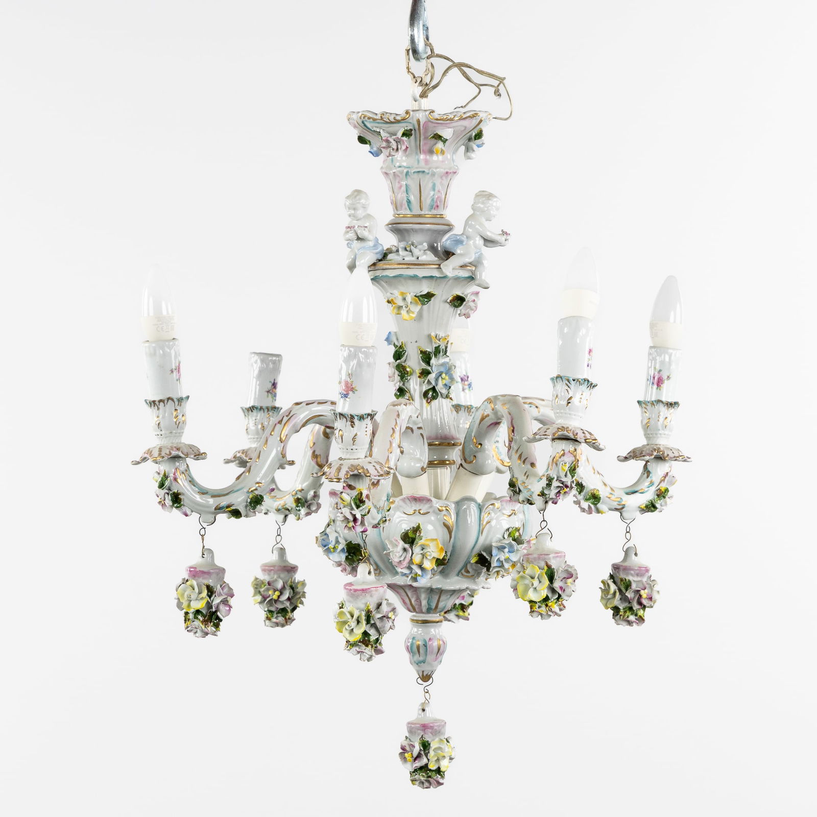 Capodimonte, a Porcelain Chandelier, Florally decorated and finished with Putti. (1 of 5)