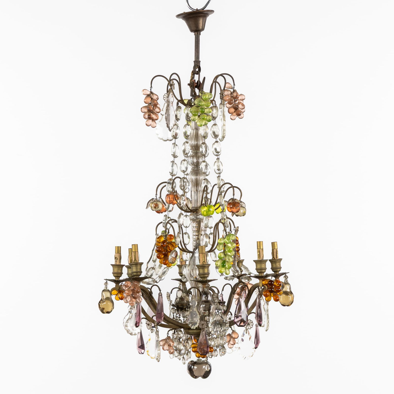 A Decorative Chandelier with Coloured Bells and Fruit, Brass and Cut Crystal. Circa 1900.: A Decorative Chandelier with Coloured Bells and Fruit, Brass and Cut Crystal. Circa 1900. Brass, cut and coloured crystal.Decorated with coloured crystal fruit (bunches of grapes, apples, and pears).E