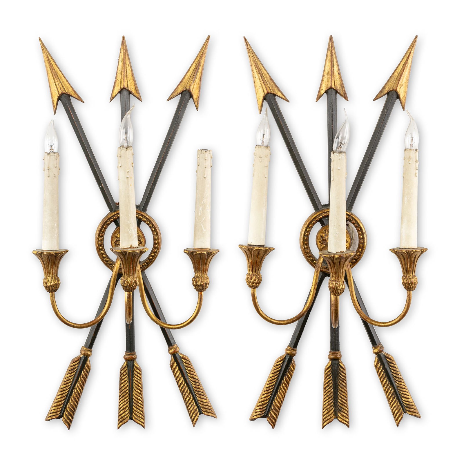 A Pair of Decorative Italian Wall Lamps, Decorated with Arrows, Patinated metal and Wood, Italy, (1 of 7)