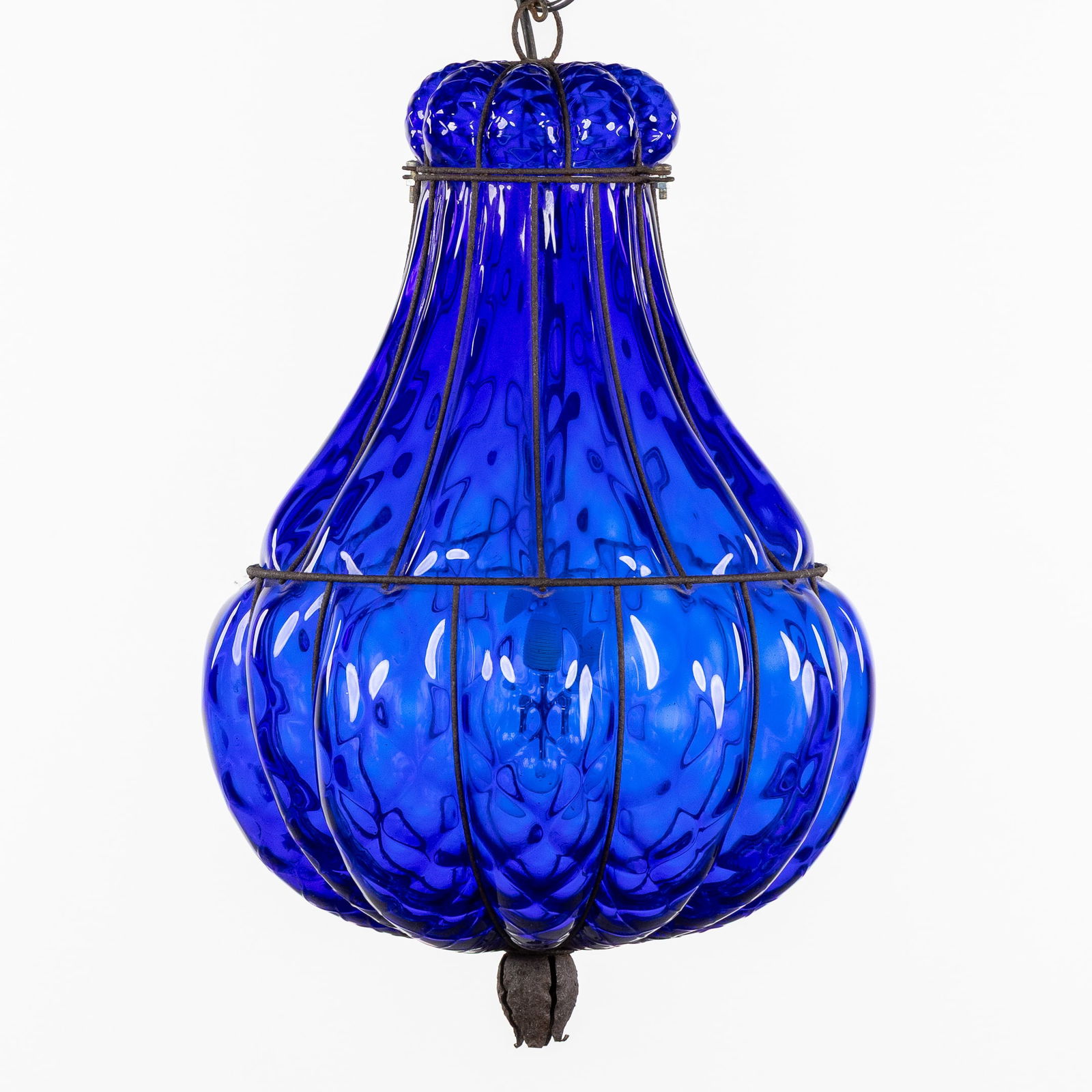 A Large Murano Cobalt blue, Glass-Blown Pendant Lamp, Italy, 20th C.: A Large Murano Cobalt blue, Glass-Blown Pendant Lamp, Italy, 20th century. Cobalt blue glass and metal.A caged pendant lamp, where the glass was blown into a metal frame or cage.Murano, Italy, 20th ce