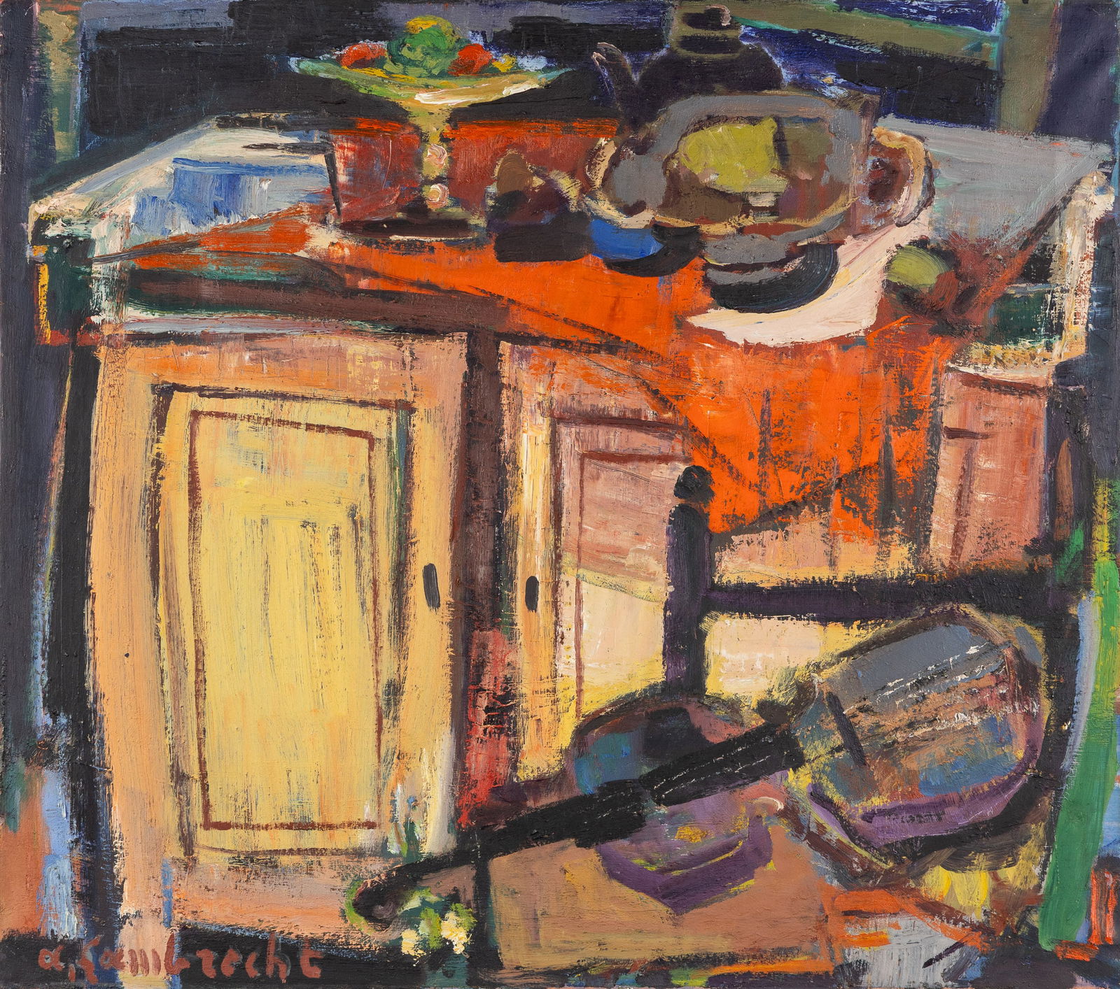 Arthur Lambrecht (1904-1983) 'Expressionist Still Life with Violin', oil on canvas.: Arthur Lambrecht (1904-1983) 'Expressionist Still Life with Violin', oil on canvas. Oil on canvas.Signed lower left.Not framed.
