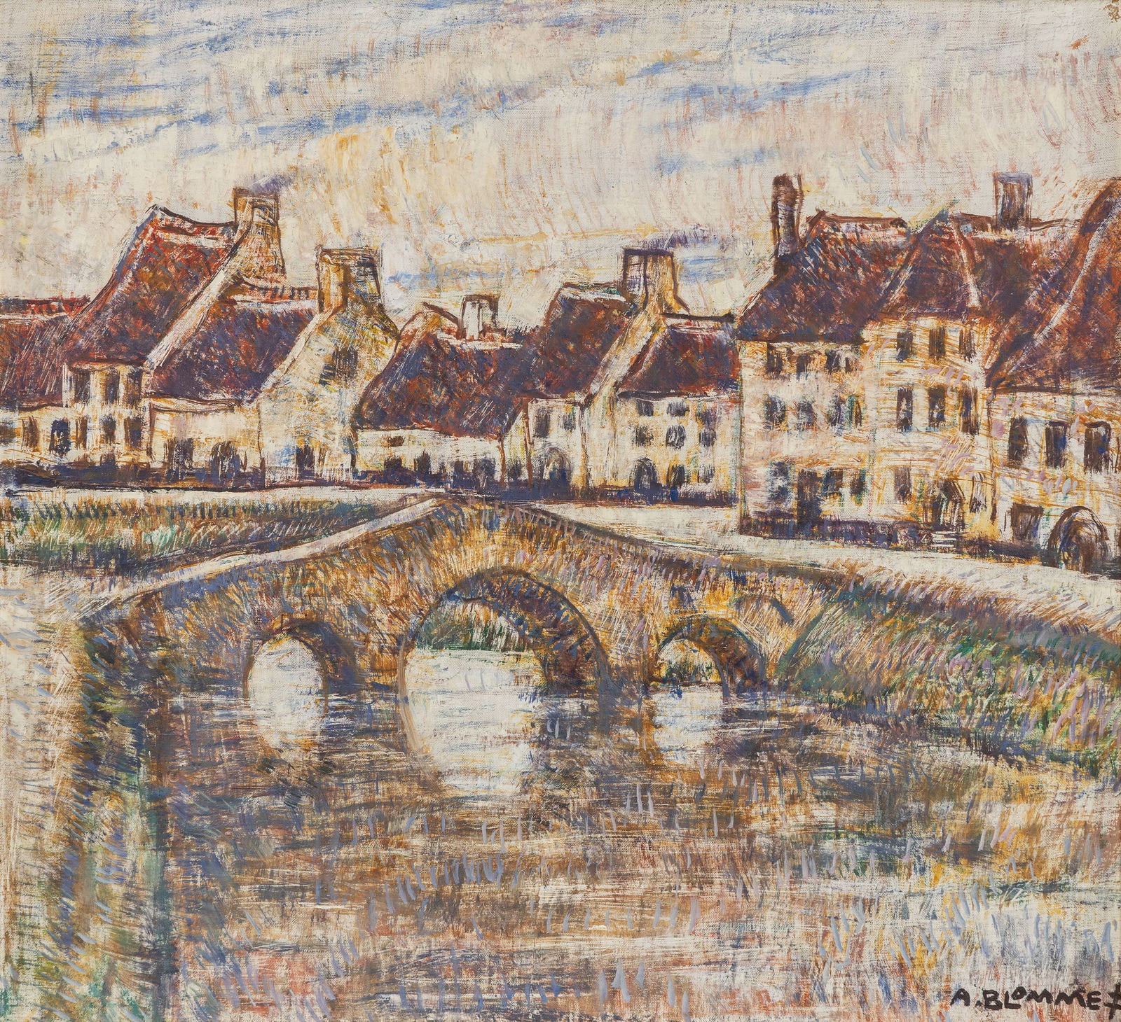 Alfons Blomme (1889-1979) 'Bridge in Lissewege', oil on canvas.: Alfons Blomme (1889-1979) 'Bridge in Lissewege', oil on canvas. Oil on canvas.Signed lower left. (73 x 78 cm)