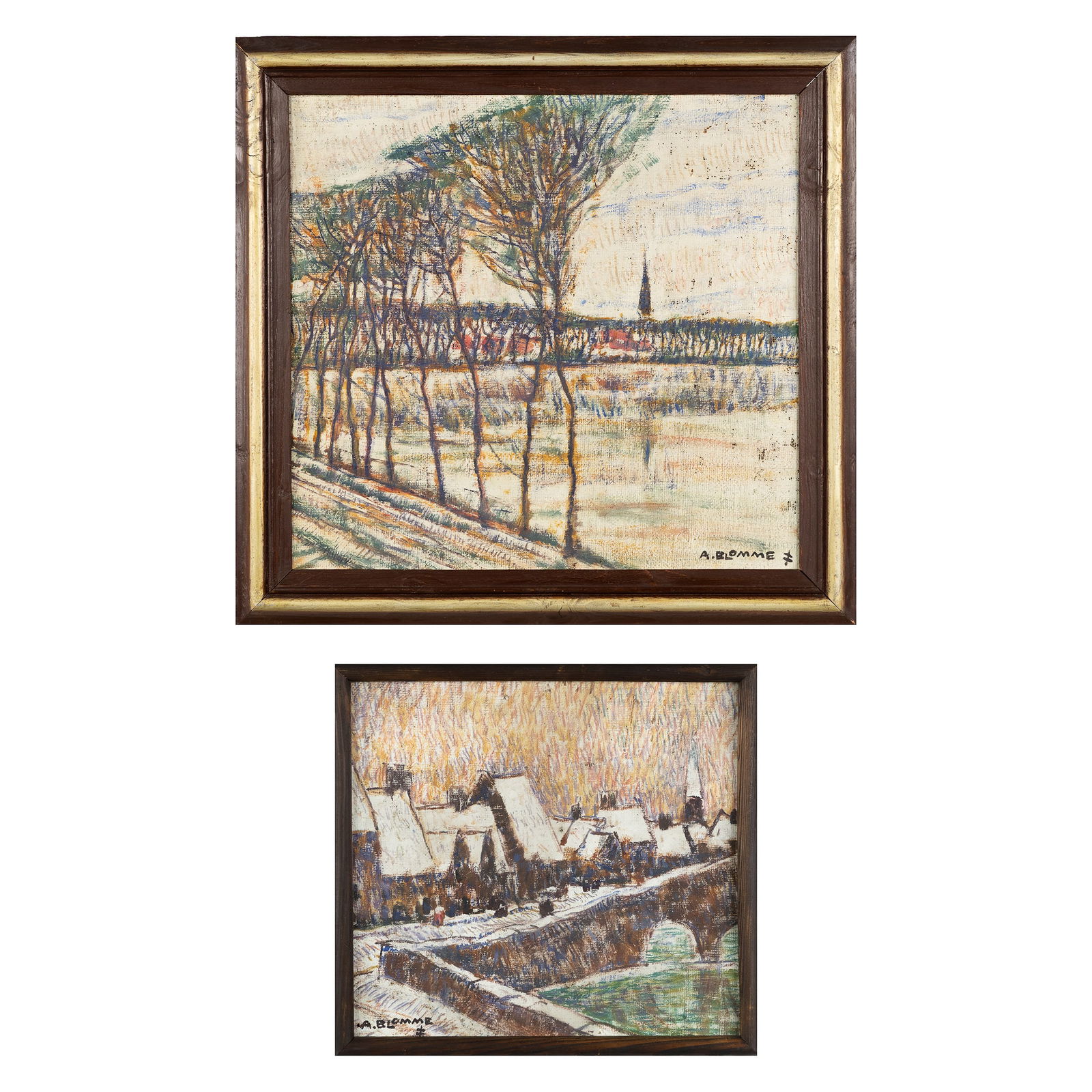 Alfons Blomme (1889-1979) 'Speelmansrei in Bruges' and 'Polder Landscape', two paintings, oil on: Alfons Blomme (1889-1979) 'Speelmansrei in Bruges' and 'Polder Landscape', two paintings, oil on canvas. 'Speelmansrei in Bruges'Oil on canvasSigned lower left.44 x 47 cm (47 x 51 cm) 'Polder Landscap