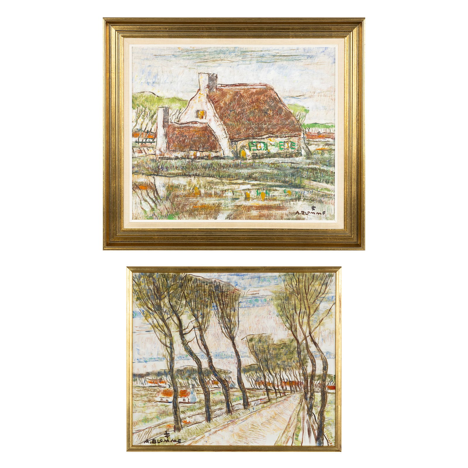 Alfons Blomme (1889-1979) 'Farm by the Water' and 'Damse Vaart', two paintings, oil on canvas and: Alfons Blomme (1889-1979) 'Farm by the Water' and 'Damse Vaart', two paintings, oil on canvas and board. 'Farm by the Water'Oil on canvas, maroufled on board.Signed lower right.60 x 70 cm (79 x 89 cm)