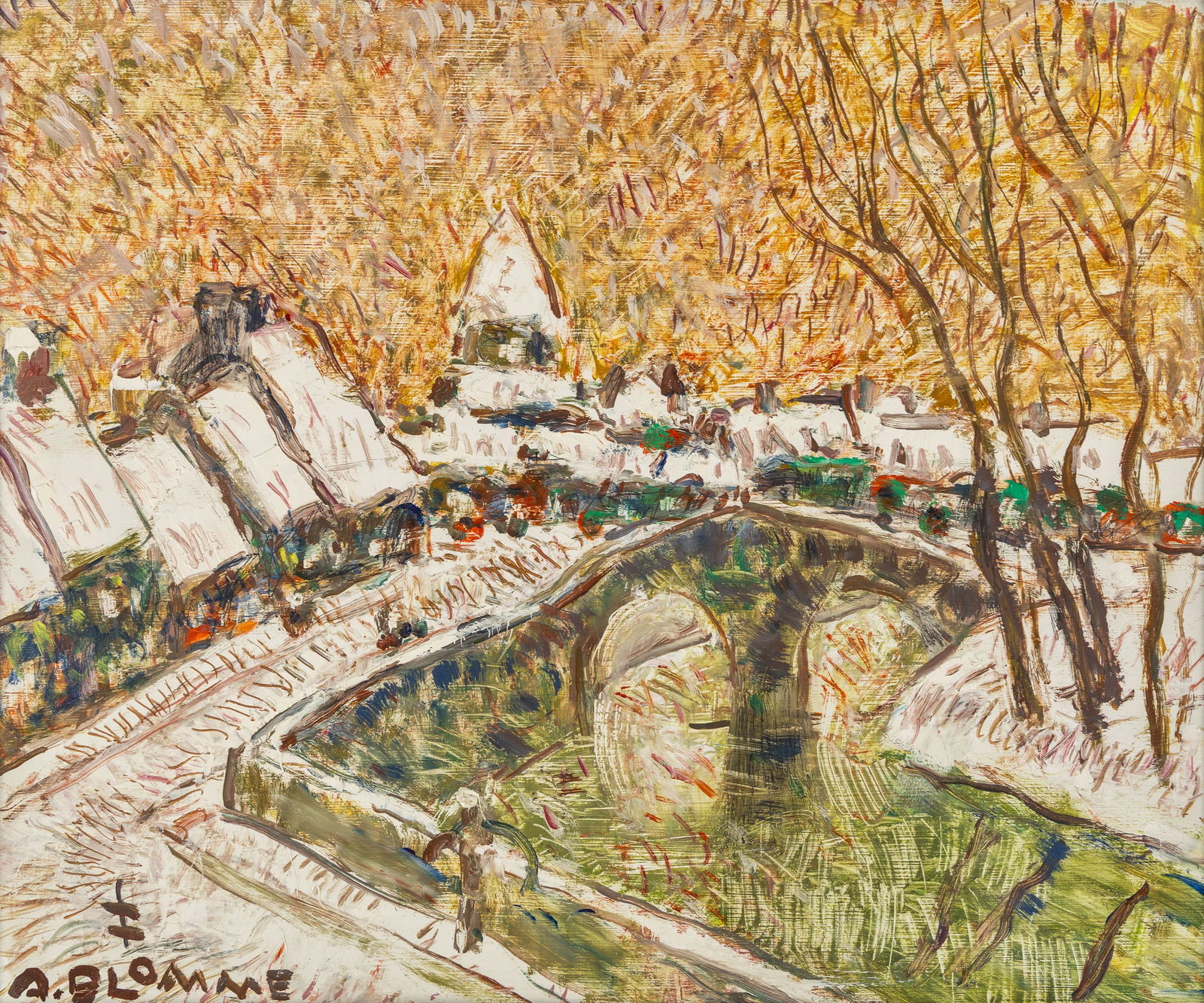 Alfons Blomme (1889-1979) 'Winter at the Speelmansrei in Bruges', oil on panel.: Alfons Blomme (1889-1979) 'Winter at the Speelmansrei in Bruges', oil on panel. Oil on panel.Signed lower left. (54 x 63 cm)