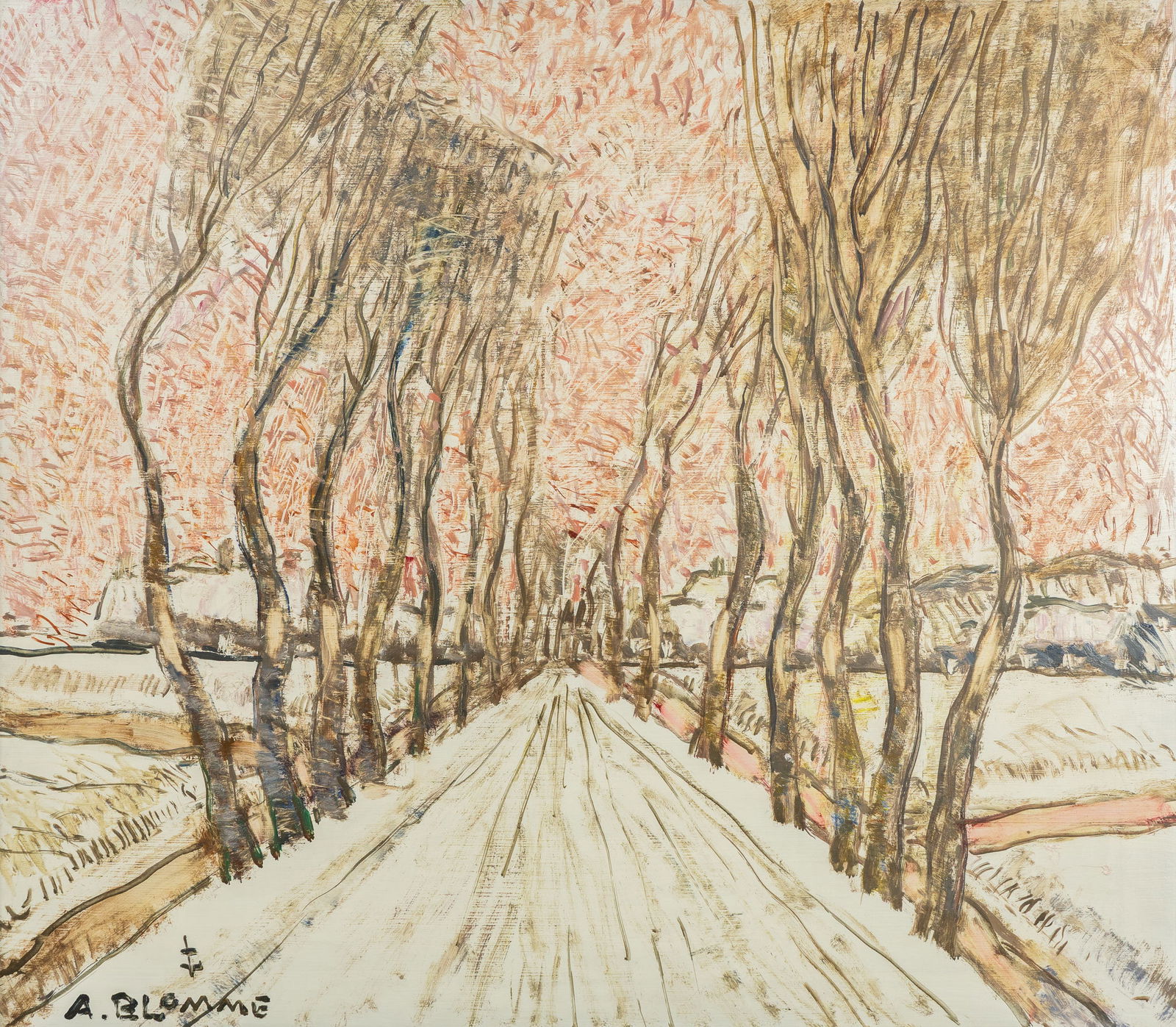 Alfons Blomme (1889-1979) 'Winter Tree Avenue', oil on panel.: Alfons Blomme (1889-1979) 'Winter Tree Avenue', oil on panel. Oil on panel. Signed lower left. (79 x 89 cm)