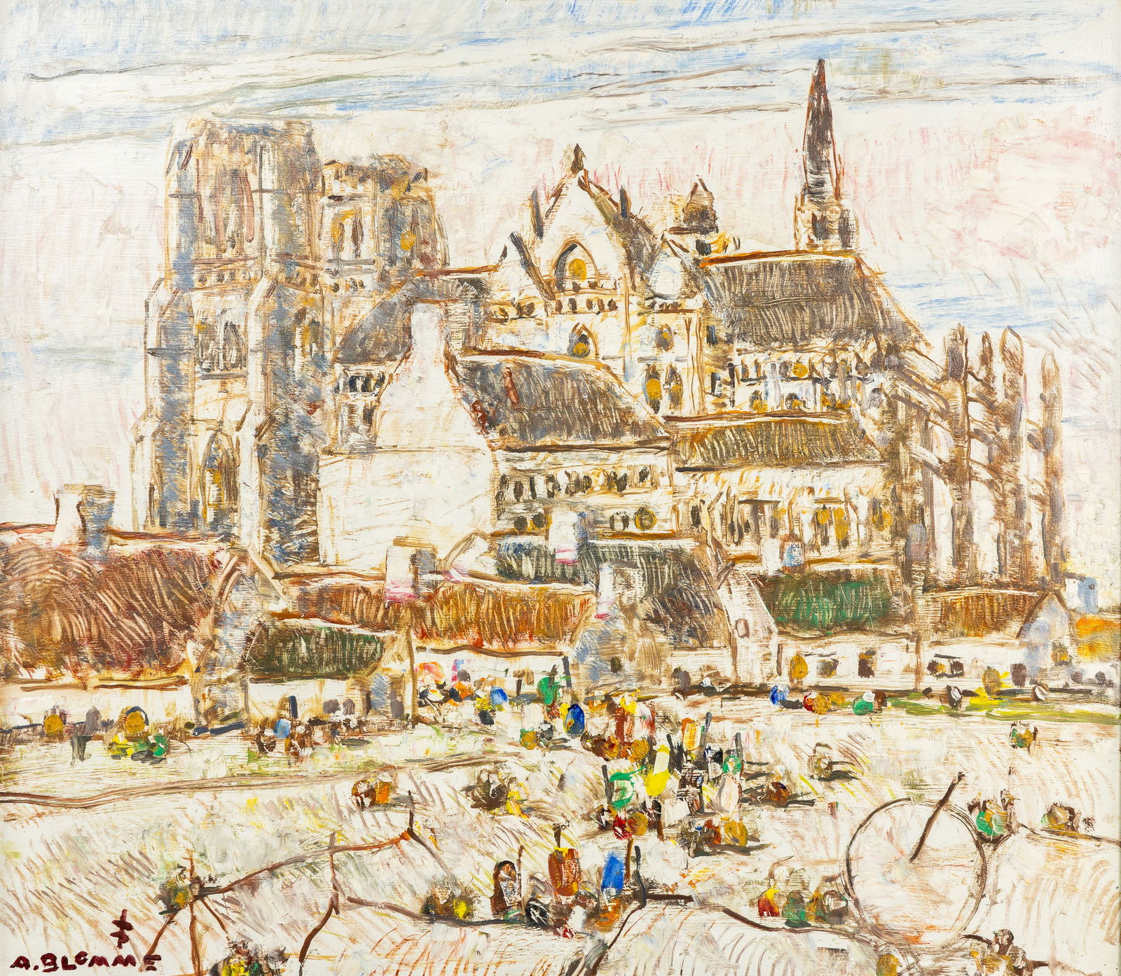 Alfons Blomme (1889-1979) 'Market at the Cathedral of Amiens', oil on panel.: Alfons Blomme (1889-1979) 'Market at the Cathedral of Amiens', oil on panel. Oil on panel. Signed lower left. Probably the cathedral of Amiens. (78 x 88 cm)