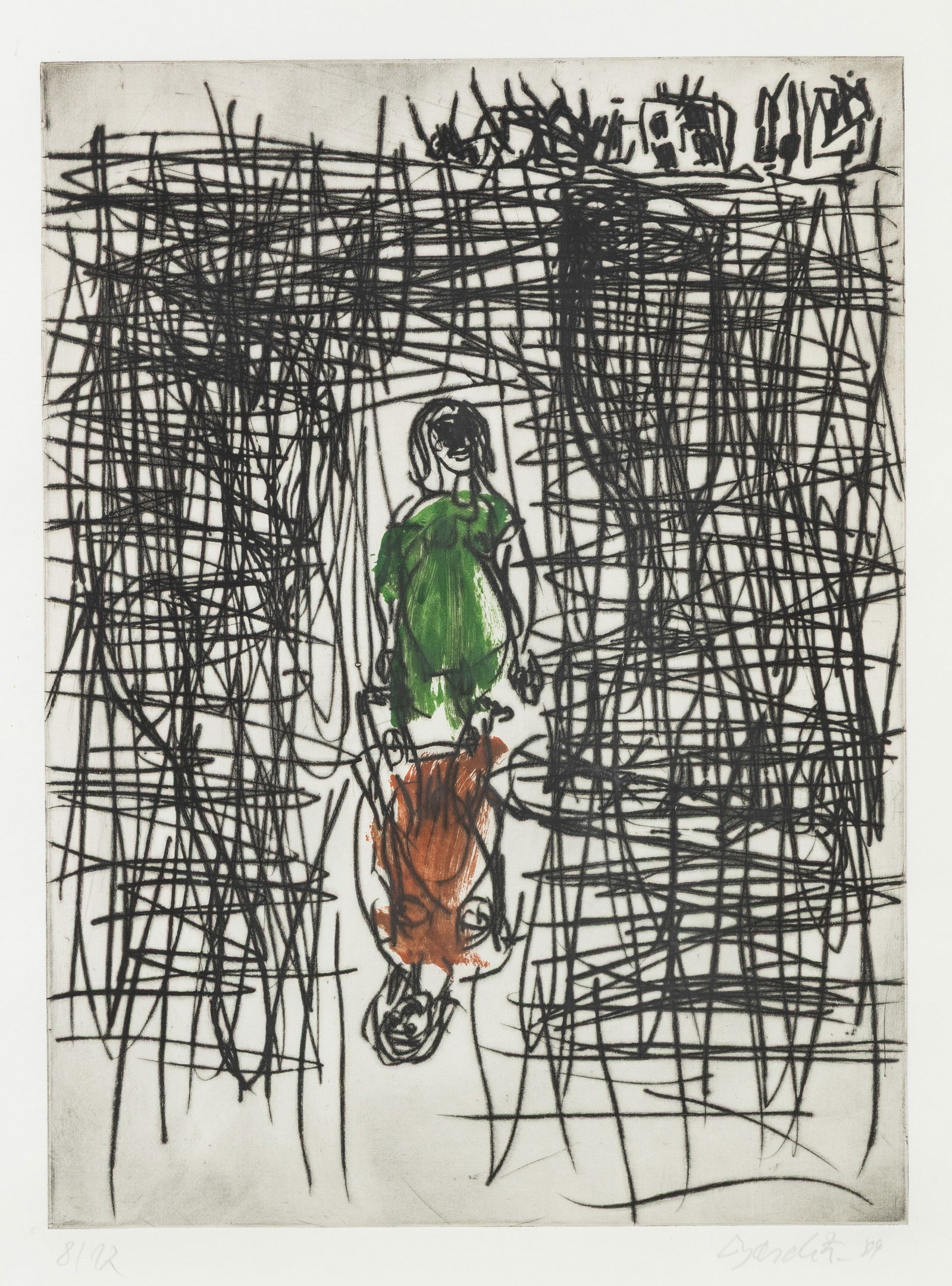 Georg Baselitz (1938) 'Schlechte Zeiten', etching and oil on paper, 8/12 (1989): Georg Baselitz (1938) 'Schlechte Zeiten', etching and oil on paper, 8/12 (1989) Etching and oil on paper.Signed and dated (in pencil) lower right.Numbered 8/12 (in pencil) lower left. (78 x 66 cm) Pro