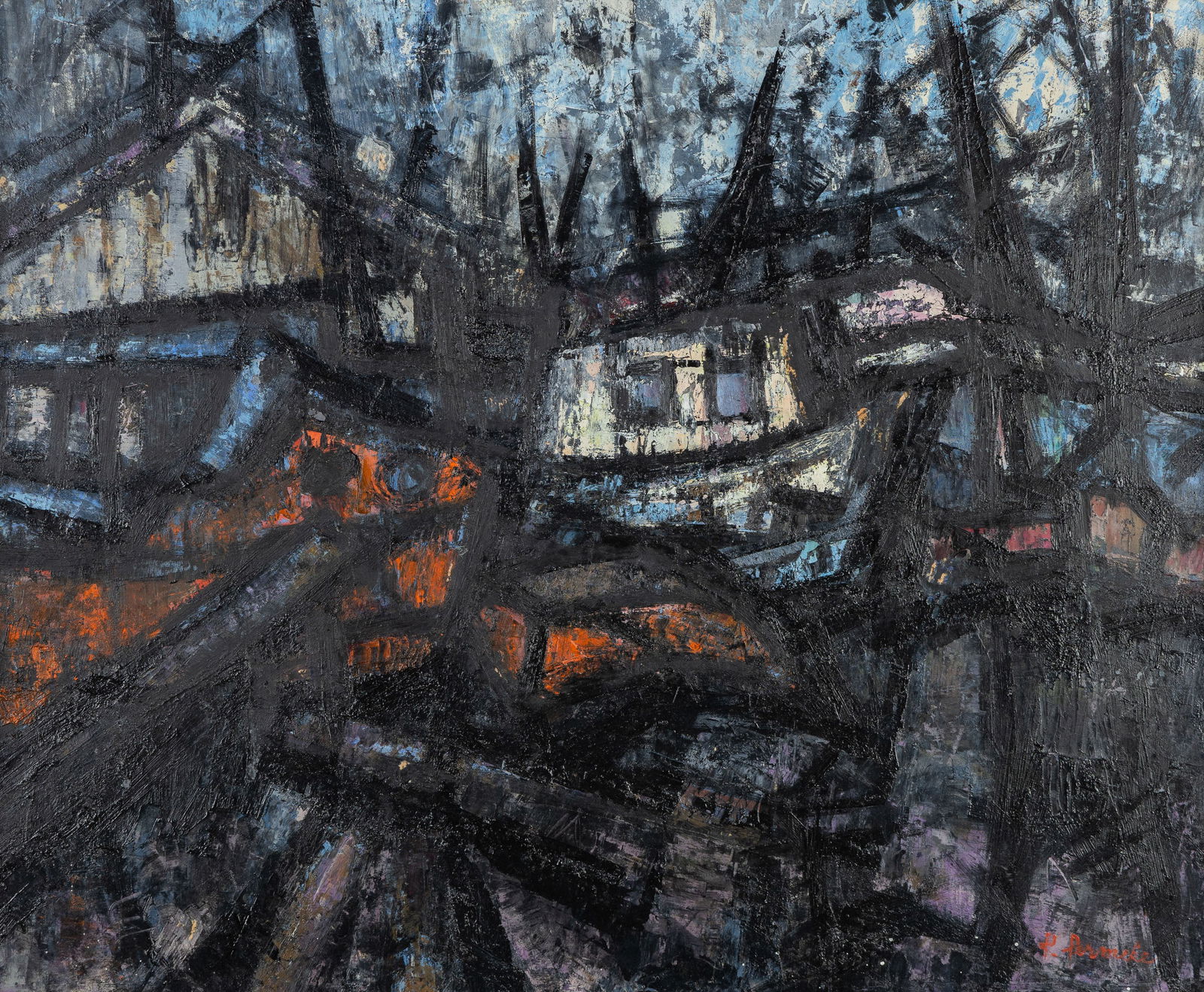 Paul Permeke (1918-1990) 'Boats at the Port of Zeebruges', oil on board.: Paul Permeke (1918-1990) 'Boats at the Port of Zeebruges', oil on board. Oil on board.Signed lower right. (65 x 76 cm)