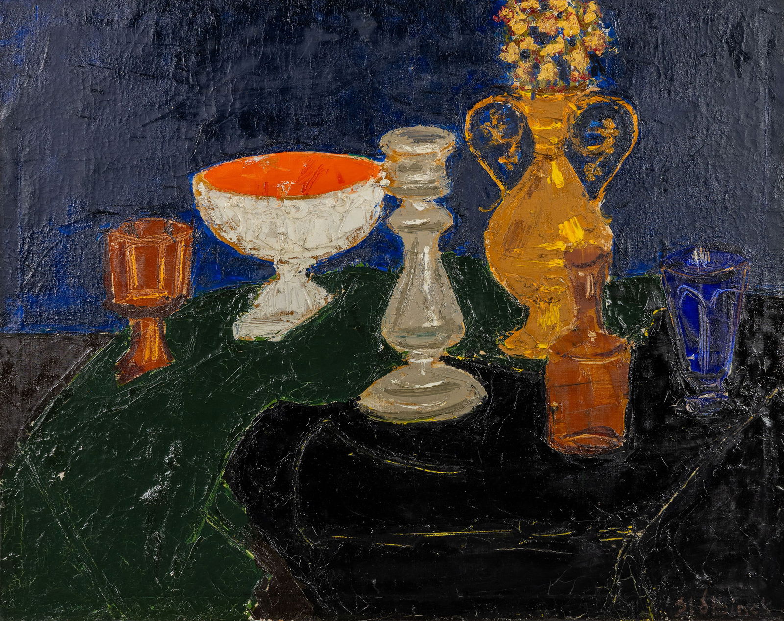 Rik Slabbinck (1914-1991) 'Still Life with Candlestick', oil on canvas.: Rik Slabbinck (1914-1991) 'Still Life with Candlestick', oil on canvas. Oil on canvas.Signed lower right. (79 x 98 cm)