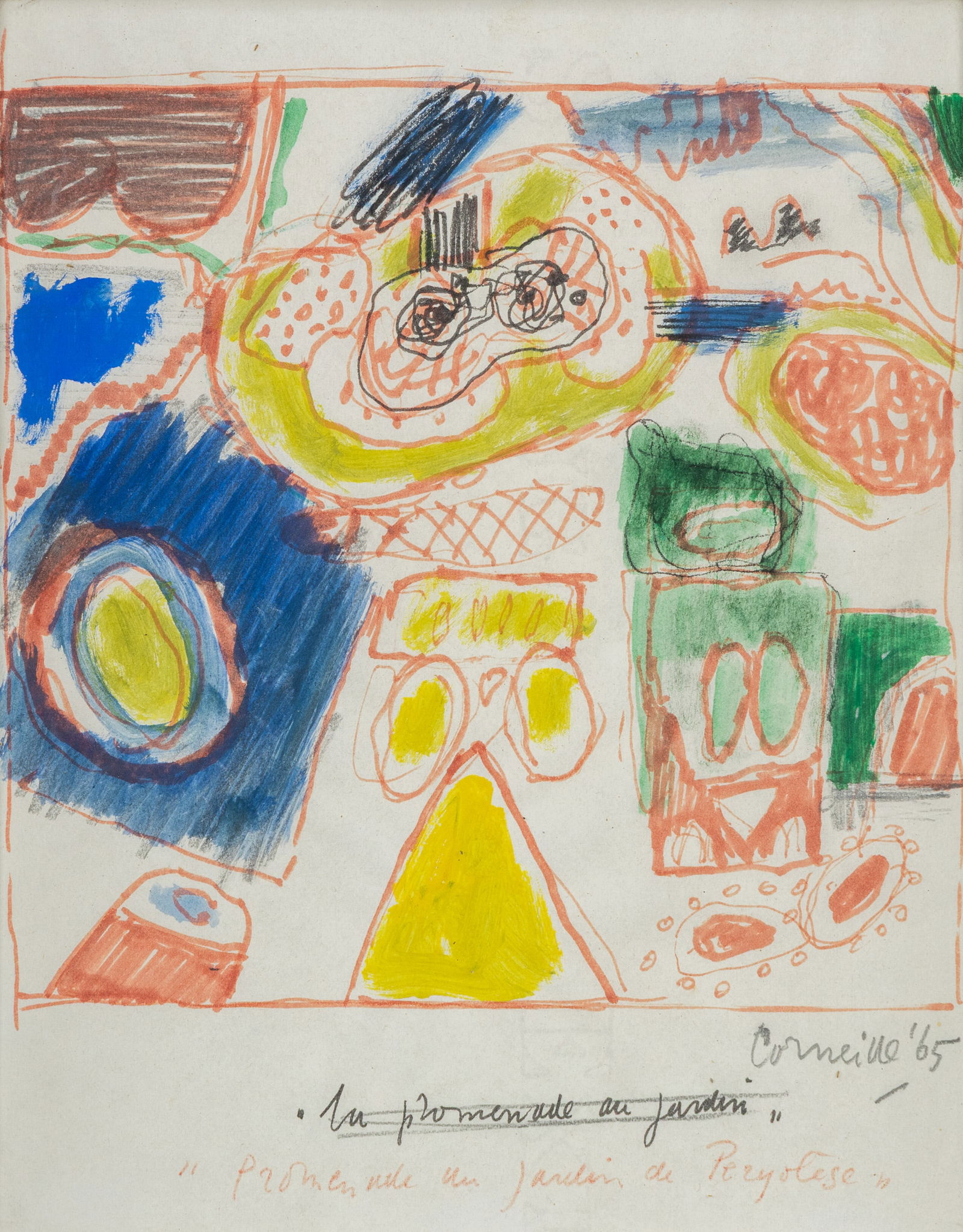 Corneille (1922-2010) 'Promenade au Jardin de Peryolèse', a drawing, mixed media (1965) (1 of 4)