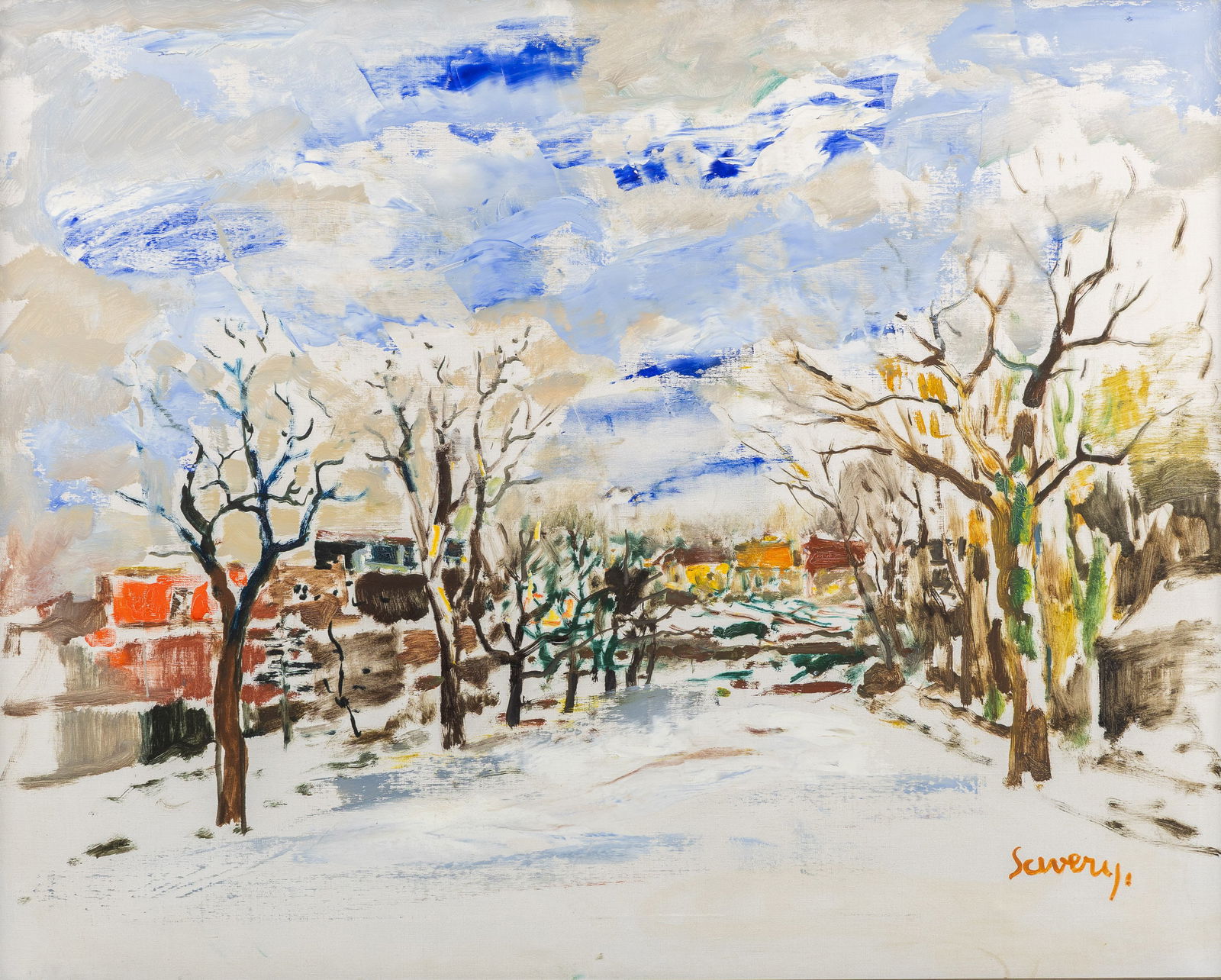 Albert Saverys (1886-1964) 'Snow Landscape' oil on canvas.: Albert Saverys (1886-1964) 'Snow Landscape' oil on canvas. Oil on canvas. Signed lower right. On the reverse with an inscription in charcoal 'Jan Saverys', son of Albert. (105 x 125 cm)</p