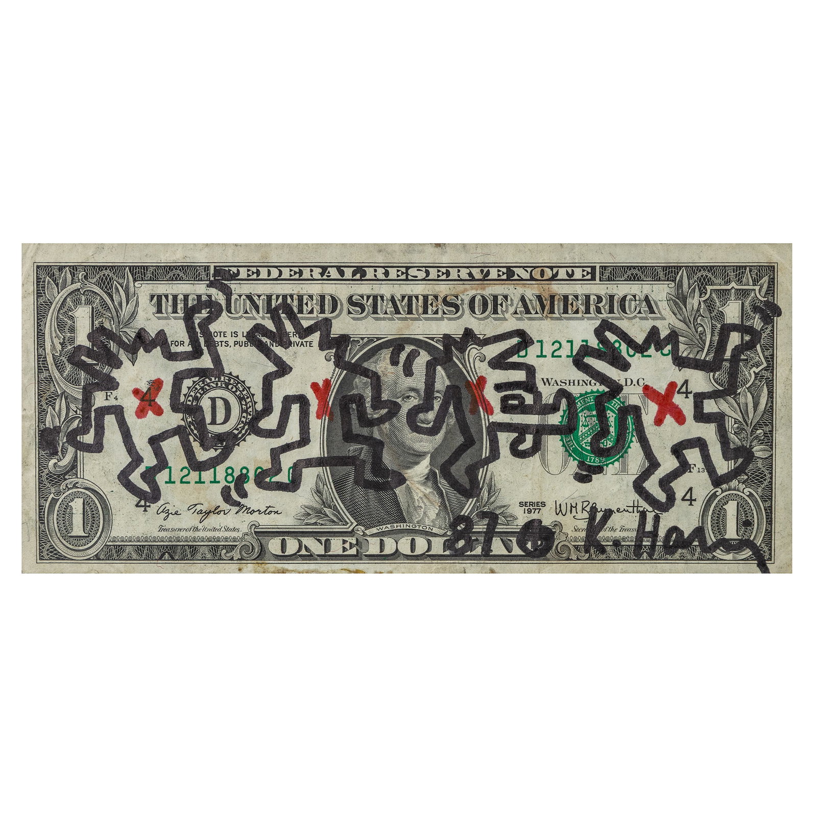 Keith Haring (1958-1990) (Attr.) 'One Dollar', felt pen on dollar bill (1987): Keith Haring (1958-1990) (Attr.) 'One Dollar', felt pen on dollar bill (1987) Felt pen on dollar bill. Signed and dated lower right. (20 x 29 cm)