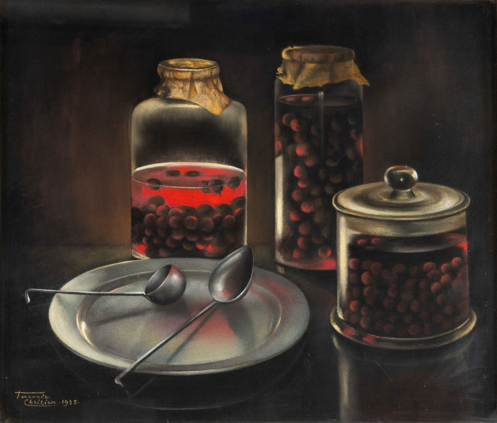Fernande Chrétien (XX), 'Cerises Marinées', pastel on canvas (1935): Fernande Chrétien (XX), 'Cerises Marinées', pastel on canvas (1935) (Drunken Cherries)Pastel on canvas.Signed and dated lower left. (72.5 x 82.5 cm)