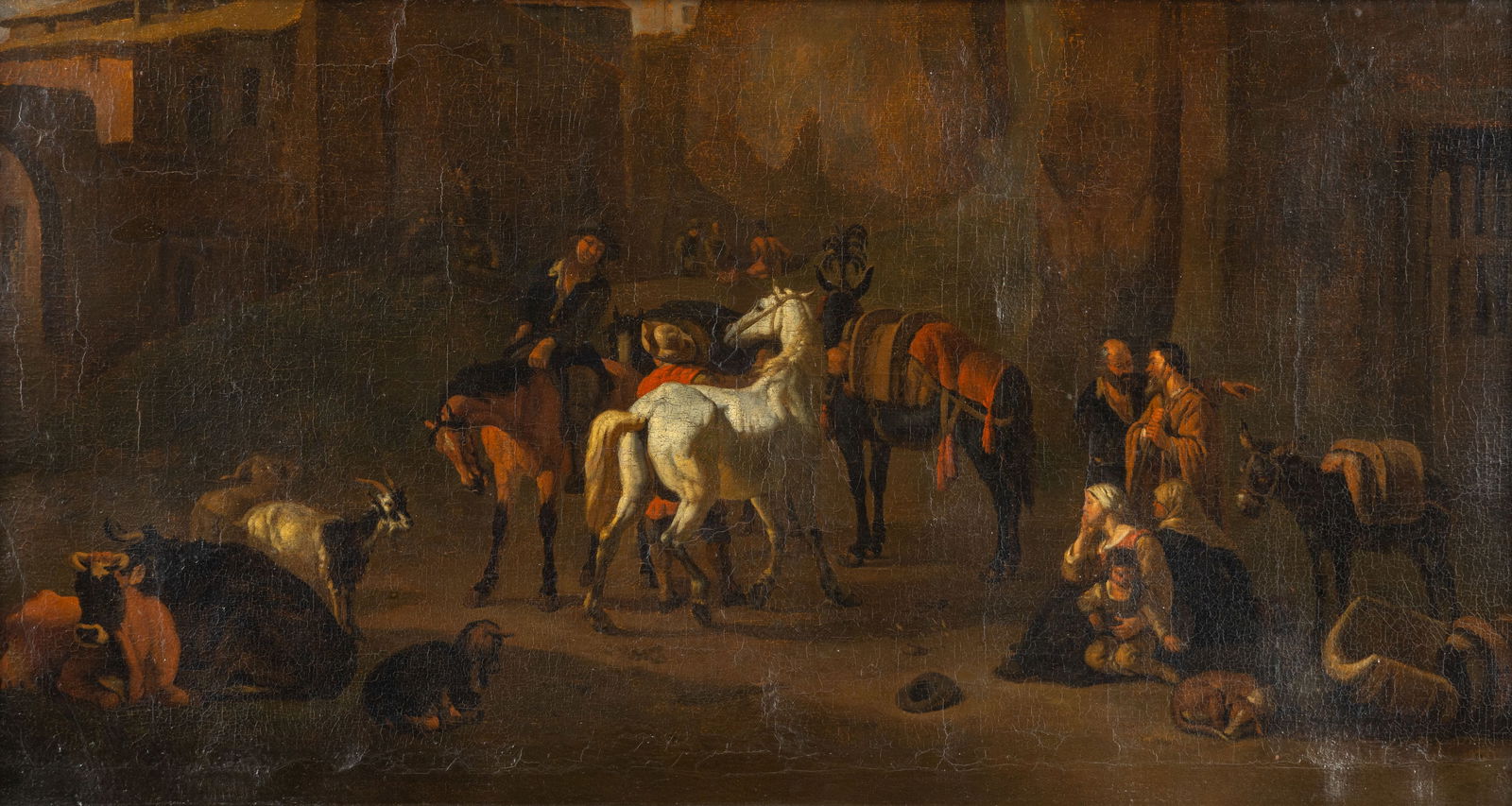 Pieter Van Bloemen (1657-1720) (Attr.) 'Village Scene with Horsemen and Cattle', oil on canvas, 17th: Pieter Van Bloemen (1657-1720) (Attr.) 'Village Scene with Horsemen and Cattle', oil on canvas, 17th century. Oil on canvas.Unsigned.Attributed to Pieter Van Bloemen based on a comparable work signed